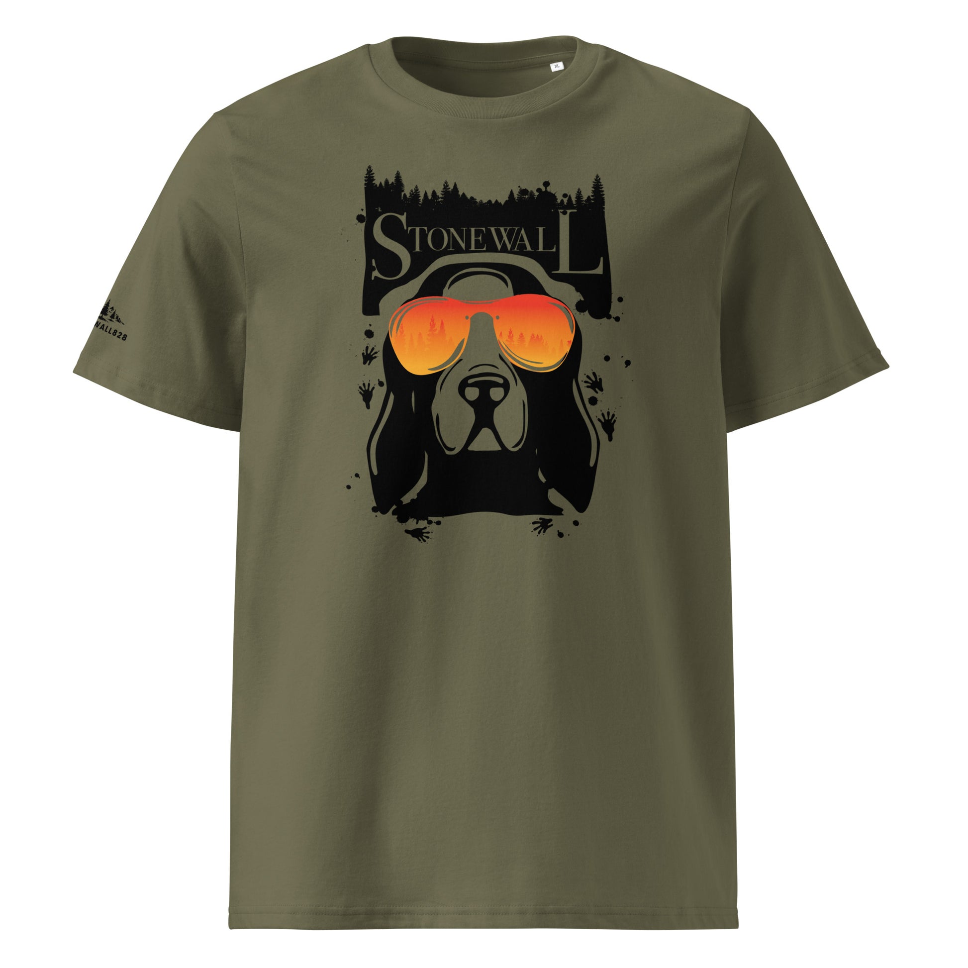 Product mockup. The Funky Hound Tee brings a fresh, vibrant spin to the deep woods lifestyle. Featuring a striking hound silhouette framed by mountain pines and walking raccoon tracks, this design locks in the ultimate details—literally. Look closely at those colored sunglasses, and you’ll see the reflection of the Appalachian woods staring right back.