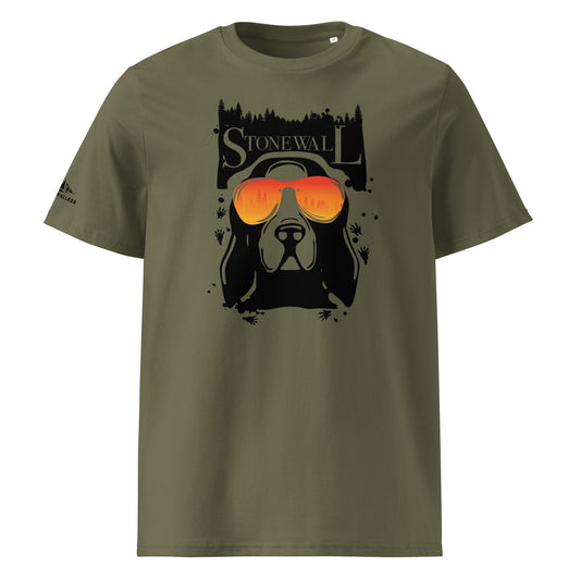 Product mockup. The Funky Hound Tee brings a fresh, vibrant spin to the deep woods lifestyle. Featuring a striking hound silhouette framed by mountain pines and walking raccoon tracks, this design locks in the ultimate details—literally. Look closely at those colored sunglasses, and you’ll see the reflection of the Appalachian woods staring right back.