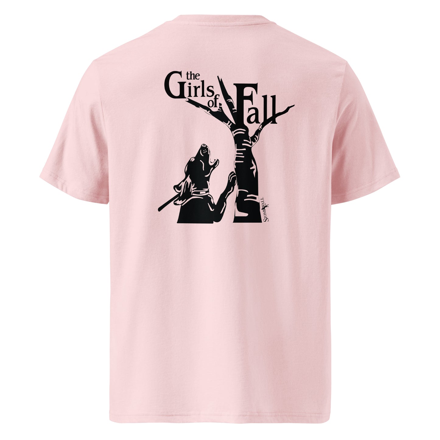 Product mockup, The Girls of Fall Tee is a proud shoutout to the women houndsmen, handlers, and stellar female hounds who live for the thrill of a cold track. Featuring our signature Stonewall828 logo on the front, the back showcases a striking hound silhouette treeing hard on a weathered, dead tree alongside the bold text "Girls of Fall."