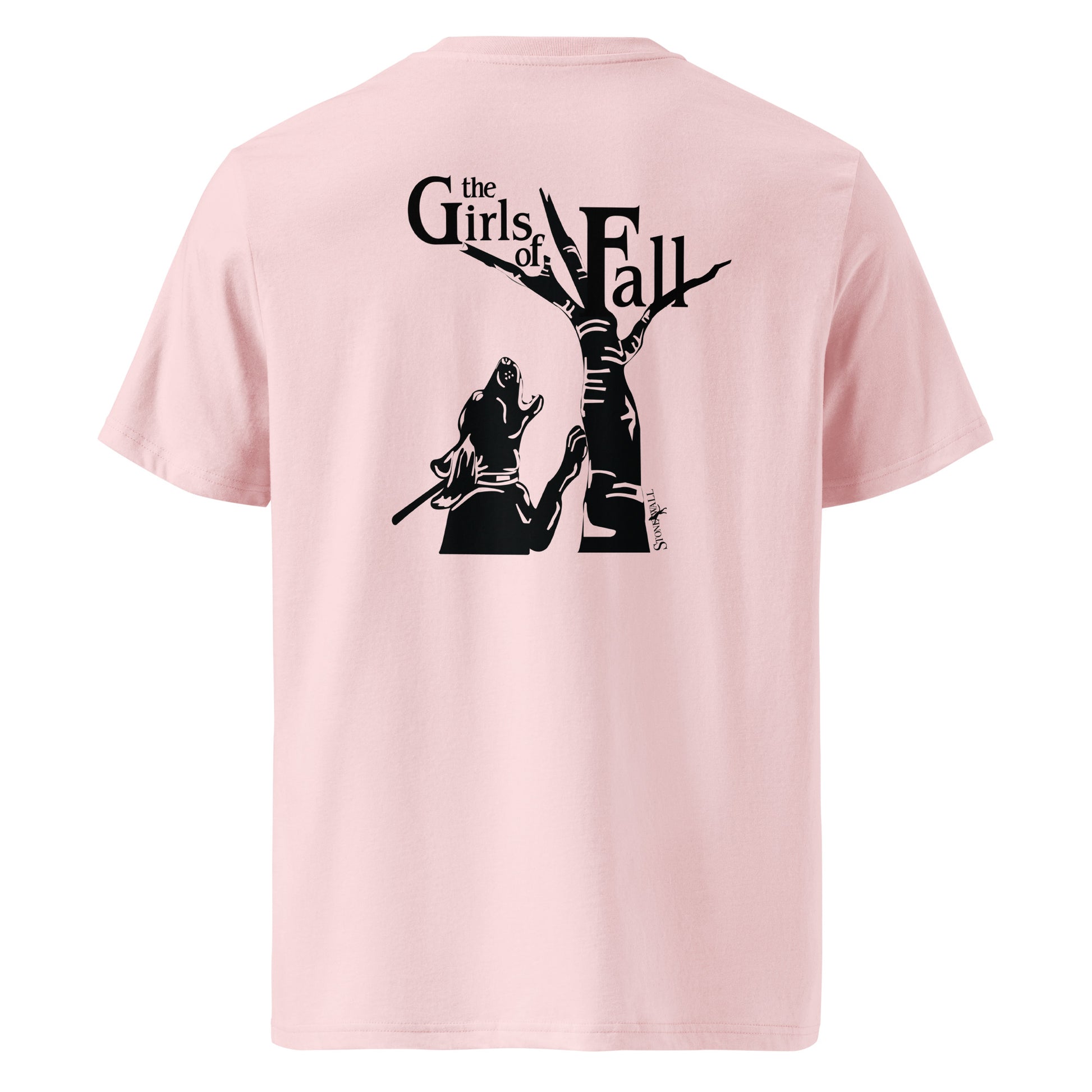 Product mockup, The Girls of Fall Tee is a proud shoutout to the women houndsmen, handlers, and stellar female hounds who live for the thrill of a cold track. Featuring our signature Stonewall828 logo on the front, the back showcases a striking hound silhouette treeing hard on a weathered, dead tree alongside the bold text "Girls of Fall."