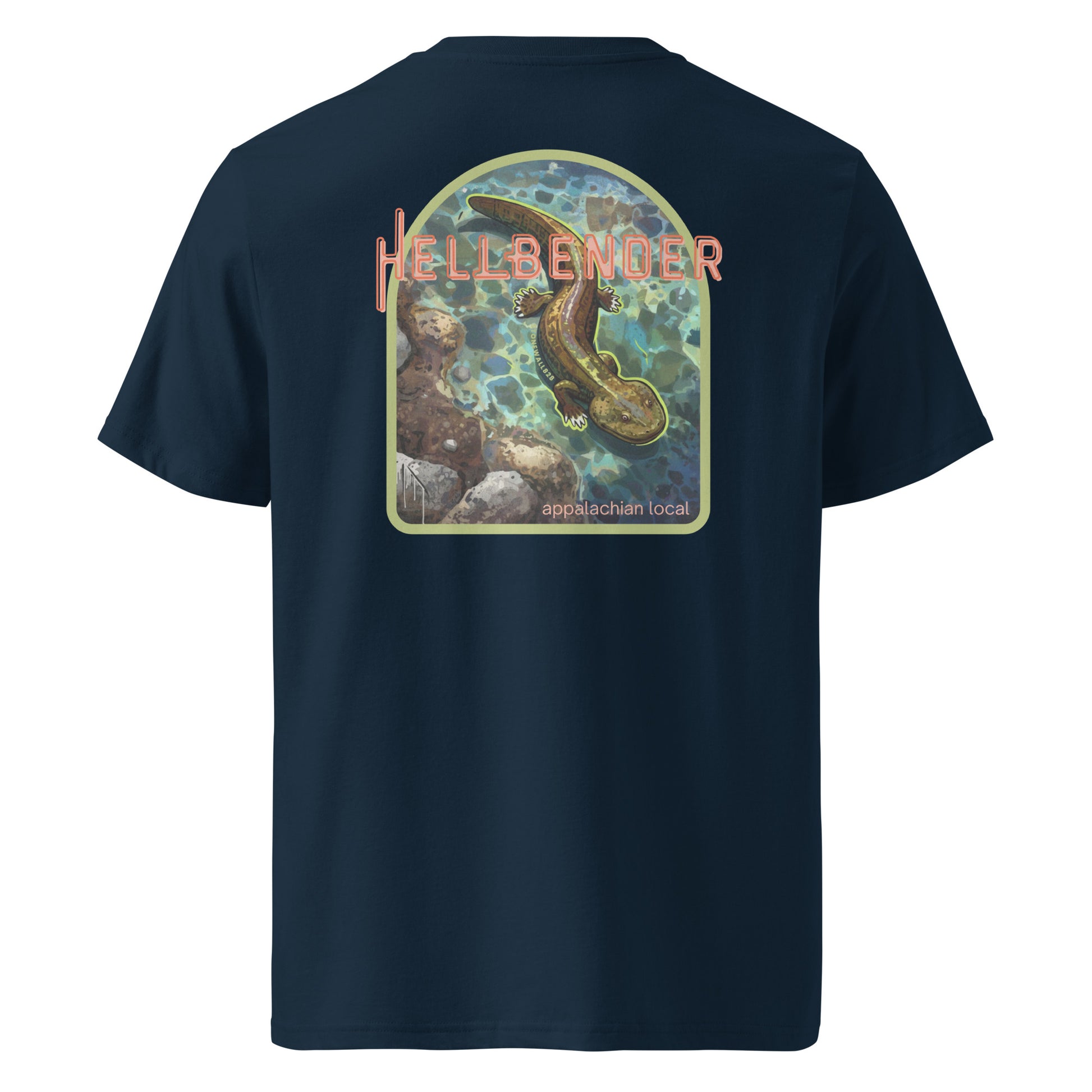 Product mockup. The front keeps it classic with our signature Stonewall828 logo over the chest. The back design takes you straight under the surface of a pristine mountain river, featuring a highly detailed hellbender resting on the stream bed, surrounded by river rocks and clear currents. Framed by the bold text "Appalachian Local" and "Hellbender," it’s a tribute to a true native that has called these waters home for millions of years.