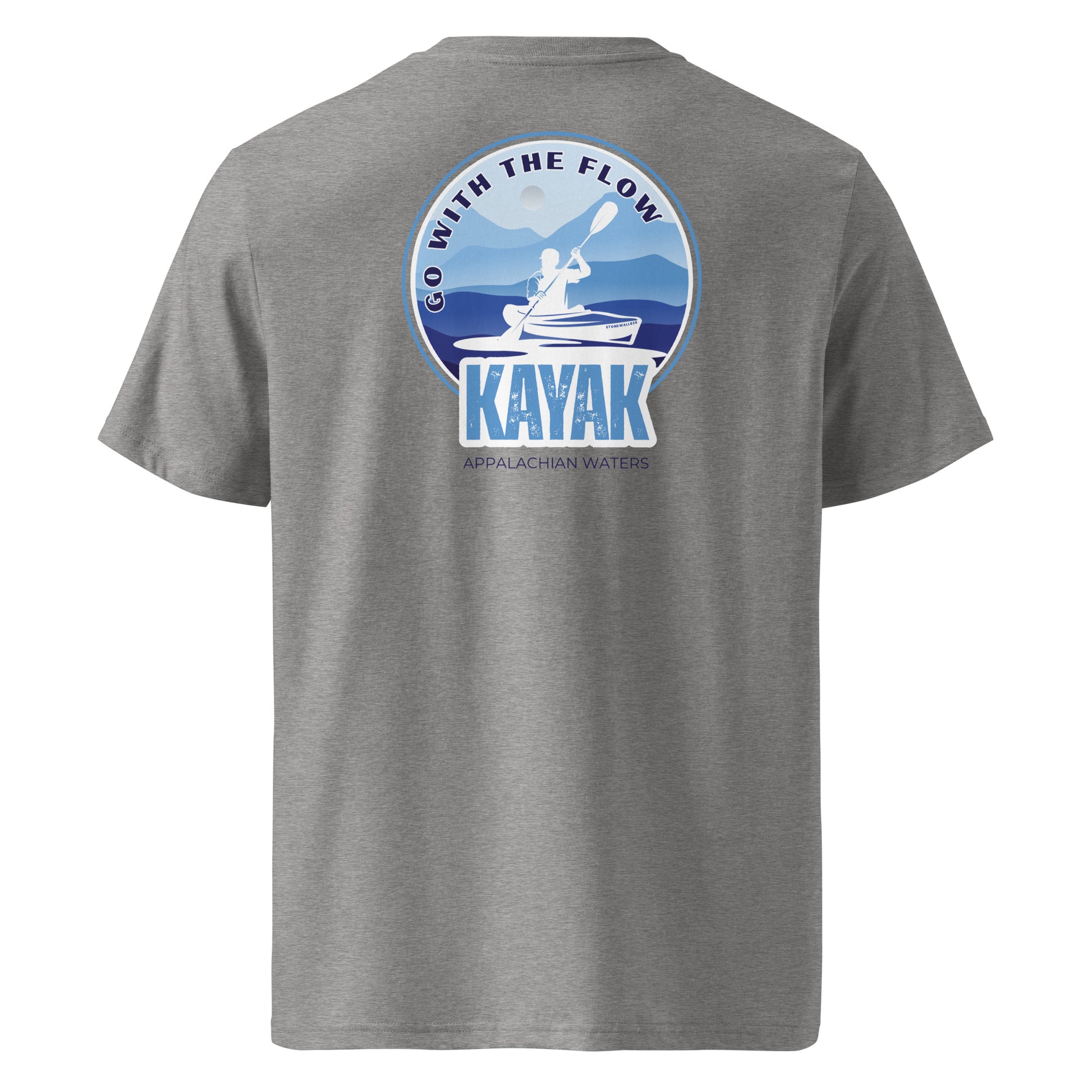 Product mockup. The front keeps it clean with our signature Stonewall828 logo over the chest. Flip it around, and the back design features a striking landscape of layered Appalachian mountain silhouettes rising above crisp blue waters, completed by the silhouette of a kayaker catching the rhythm of the river. Framed by the text "Go with the flow" and "Kayak Appalachian Waters," it’s a tribute to life on the river.