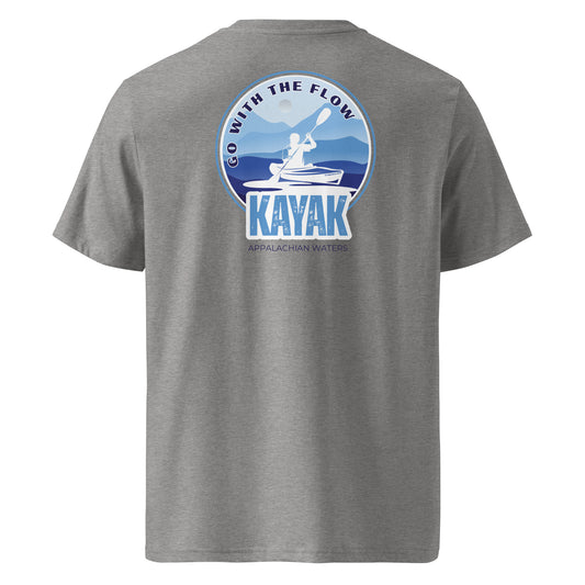 Product mockup. The front keeps it clean with our signature Stonewall828 logo over the chest. Flip it around, and the back design features a striking landscape of layered Appalachian mountain silhouettes rising above crisp blue waters, completed by the silhouette of a kayaker catching the rhythm of the river. Framed by the text "Go with the flow" and "Kayak Appalachian Waters," it’s a tribute to life on the river.