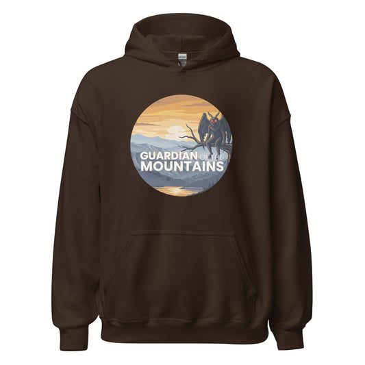 A dark brown pullover hoodie with a circular graphic on the chest depicting a mountain landscape at sunset with the text 'GUARDIAN OF MOUNTAINS'.