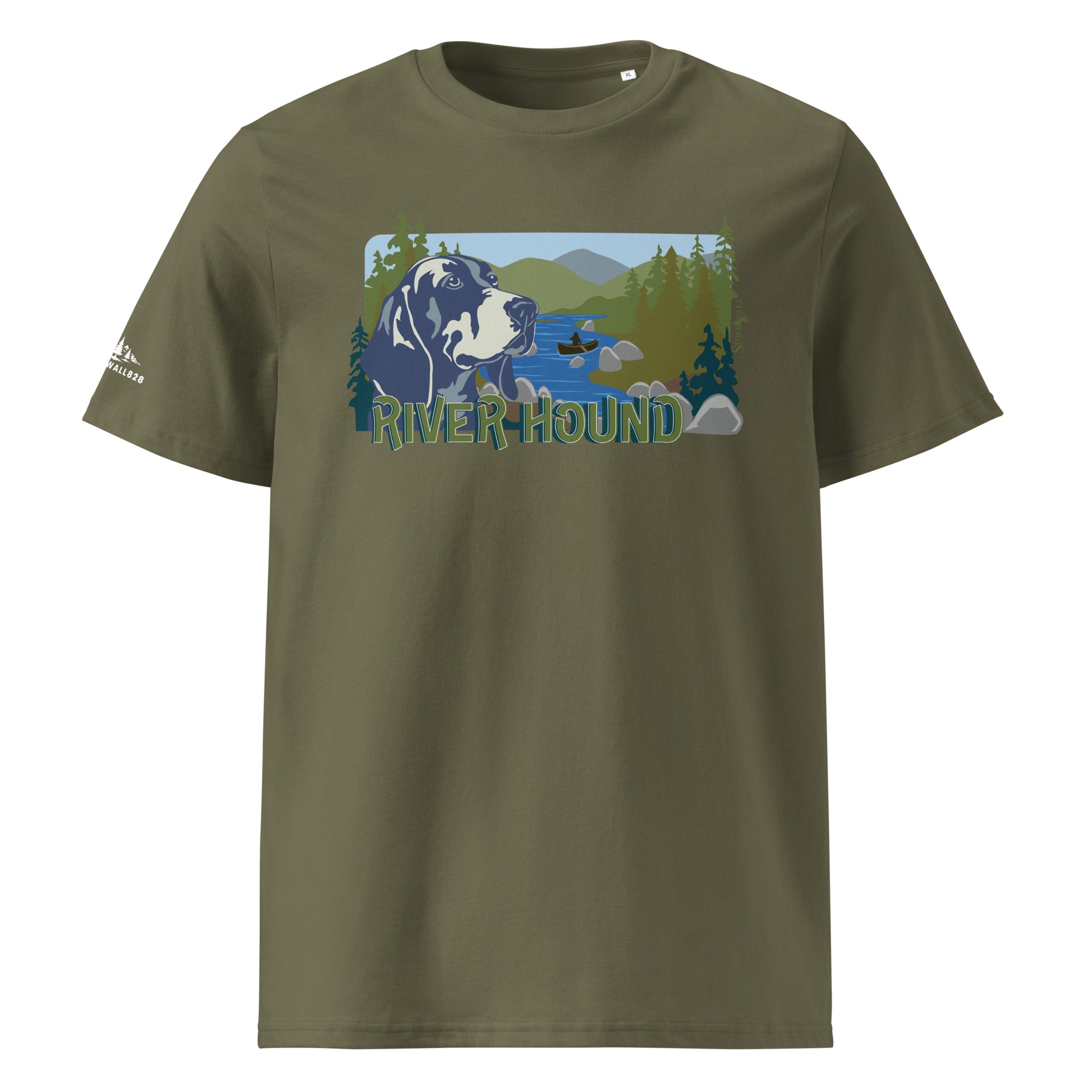 Product mockup, The River Hound Tee celebrates that classic, free-flowing Appalachian lifestyle. Featuring a sharp hound framed by a rushing mountain river, dense trees, and rolling blue ridges, the design is completed with the silhouette of a kayaker navigating the waters. It’s built for the outdoor enthusiasts who split their time between tracking the ridges and floating the waterways.