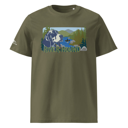 Product mockup, The River Hound Tee celebrates that classic, free-flowing Appalachian lifestyle. Featuring a sharp hound framed by a rushing mountain river, dense trees, and rolling blue ridges, the design is completed with the silhouette of a kayaker navigating the waters. It’s built for the outdoor enthusiasts who split their time between tracking the ridges and floating the waterways.
