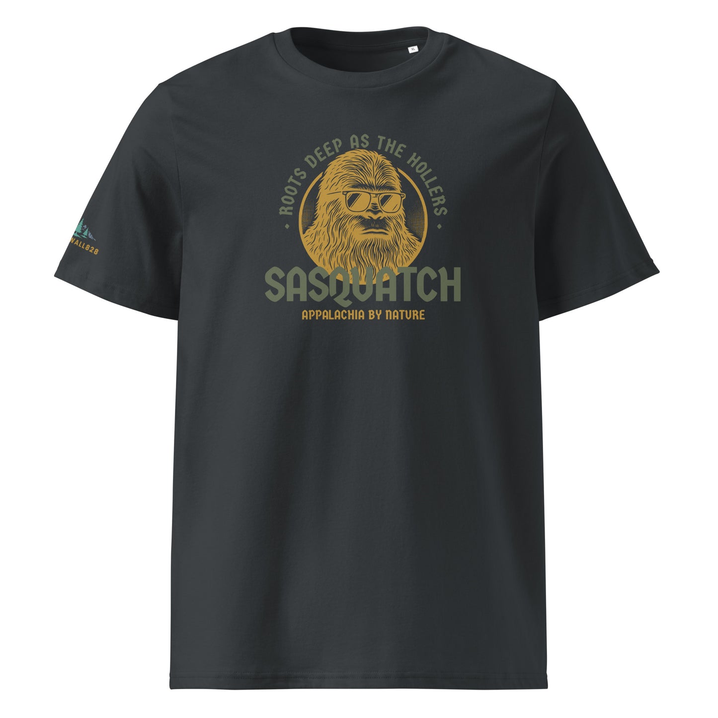 Product mockup, Featuring a cool, sunglass-wearing Sasquatch and the text "Appalachia by Nature," the Roots Deep as the Hollers Tee is a playful nod to the mysteries, the humor, and the untamed spirit of the Blue Ridge. Because being "Appalachia by nature" means having deep roots, a wild heart, and a laid-back attitude.