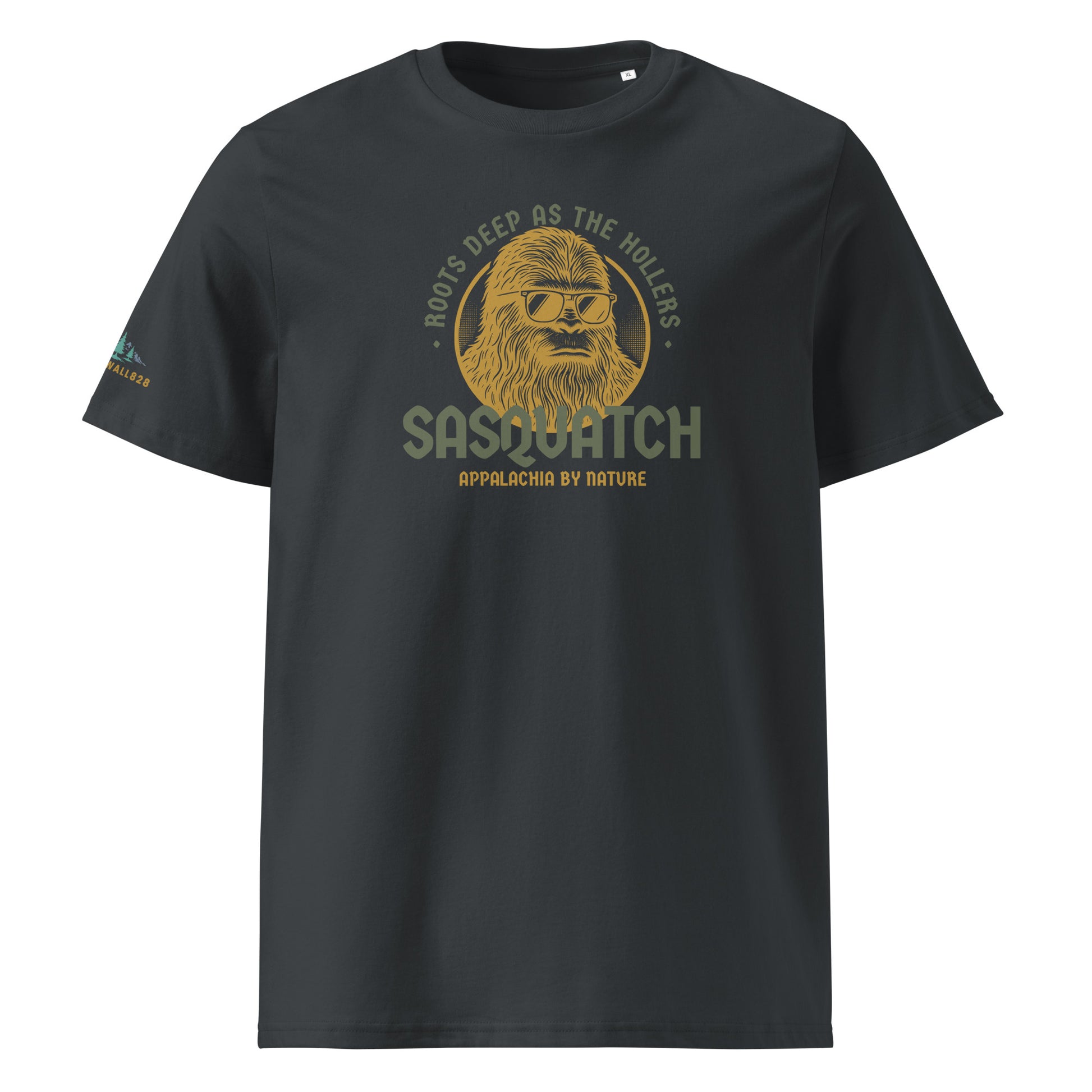 Product mockup, Featuring a cool, sunglass-wearing Sasquatch and the text "Appalachia by Nature," the Roots Deep as the Hollers Tee is a playful nod to the mysteries, the humor, and the untamed spirit of the Blue Ridge. Because being "Appalachia by nature" means having deep roots, a wild heart, and a laid-back attitude.
