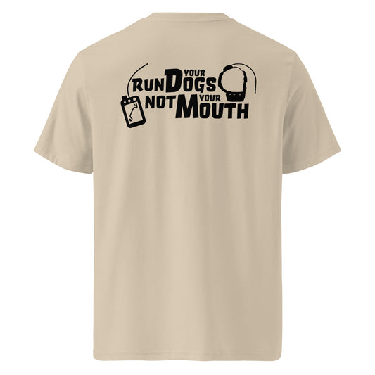 Product mockup. The front keeps it clean and professional with our signature Stonewall828 logo over the chest. Flip it around, and the back design features a rugged layout centering on a tracking collar and a handheld GPS tracker, framed by the unmistakable, gritty text: "Run Your Dogs, Not Your Mouth." It’s the ultimate shirt for the woodsmen who spend less time talking and more time tracking.