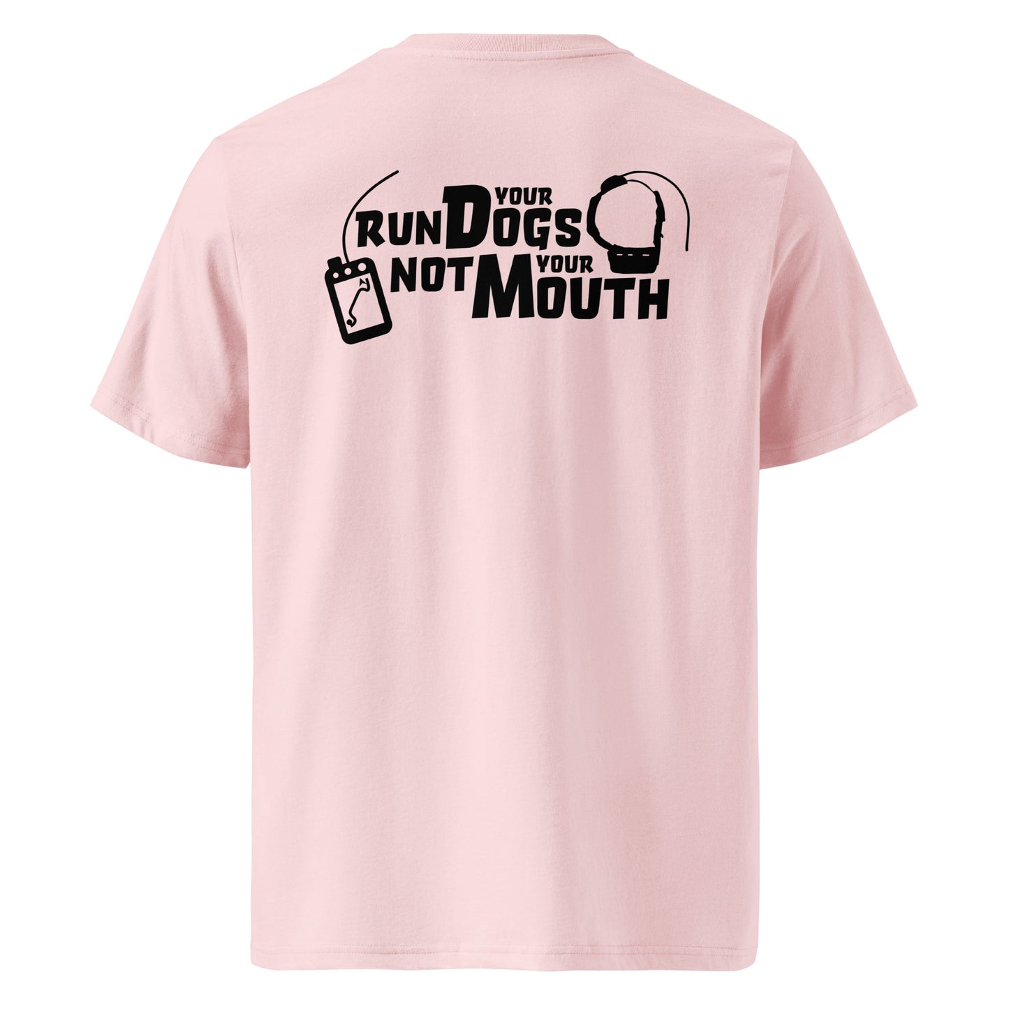 Product mockup. The front keeps it clean and professional with our signature Stonewall828 logo over the chest. Flip it around, and the back design features a rugged layout centering on a tracking collar and a handheld GPS tracker, framed by the unmistakable, gritty text: "Run Your Dogs, Not Your Mouth." It’s the ultimate shirt for the woodsmen who spend less time talking and more time tracking.