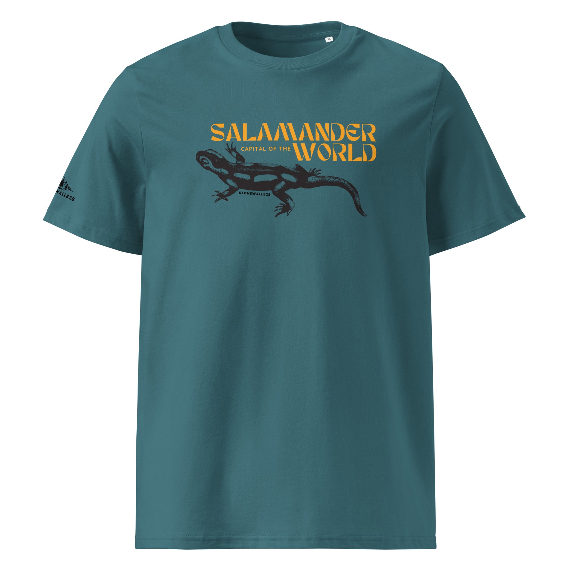 Product mockup. Western North Carolina is home to more species of salamanders than anywhere else on earth — and this heritage graphic tee proudly celebrates that distinction. From mossy creek beds to hidden hollows deep in the Blue Ridge, the salamander is as much a part of this landscape as the mountains themselves.
