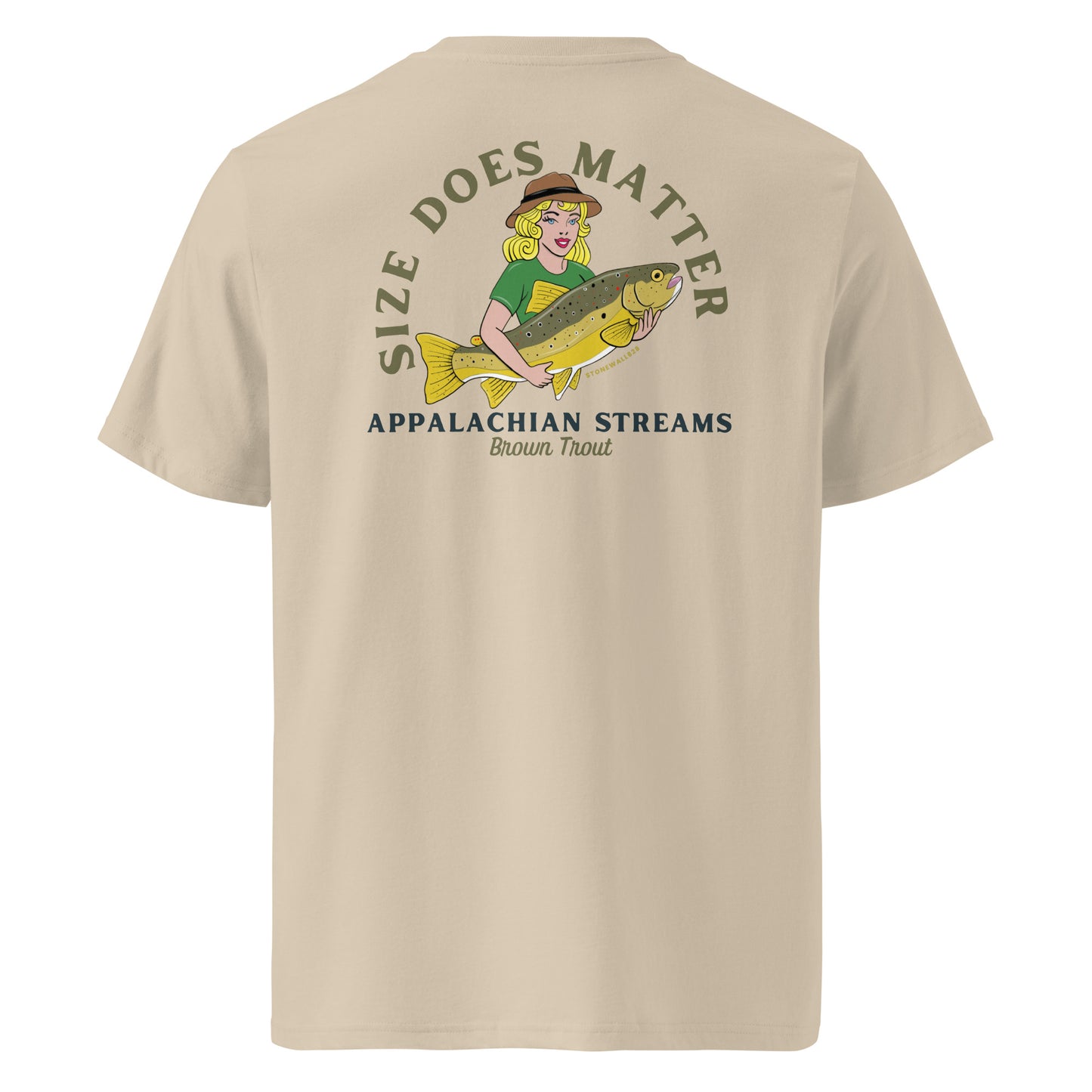 Product mockup. The front features a clean look with our signature Stonewall828 logo placed over the chest. Flip it around, and the back showcases a striking, vintage-style blonde pin-up girl proudly holding a massive, beautifully detailed brown trout. Framed by the bold text "Size Does Matter," "Brown Trout," and "Appalachian Streams," it's a tongue-in-cheek nod to the anglers who refuse to settle for the small ones.