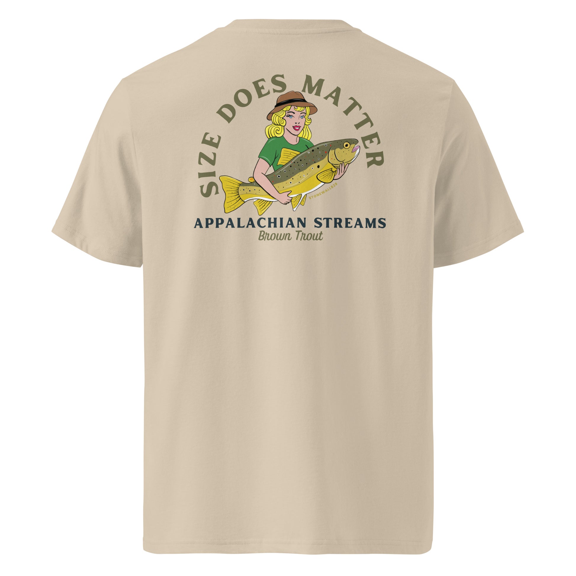 Product mockup. The front features a clean look with our signature Stonewall828 logo placed over the chest. Flip it around, and the back showcases a striking, vintage-style blonde pin-up girl proudly holding a massive, beautifully detailed brown trout. Framed by the bold text "Size Does Matter," "Brown Trout," and "Appalachian Streams," it's a tongue-in-cheek nod to the anglers who refuse to settle for the small ones.