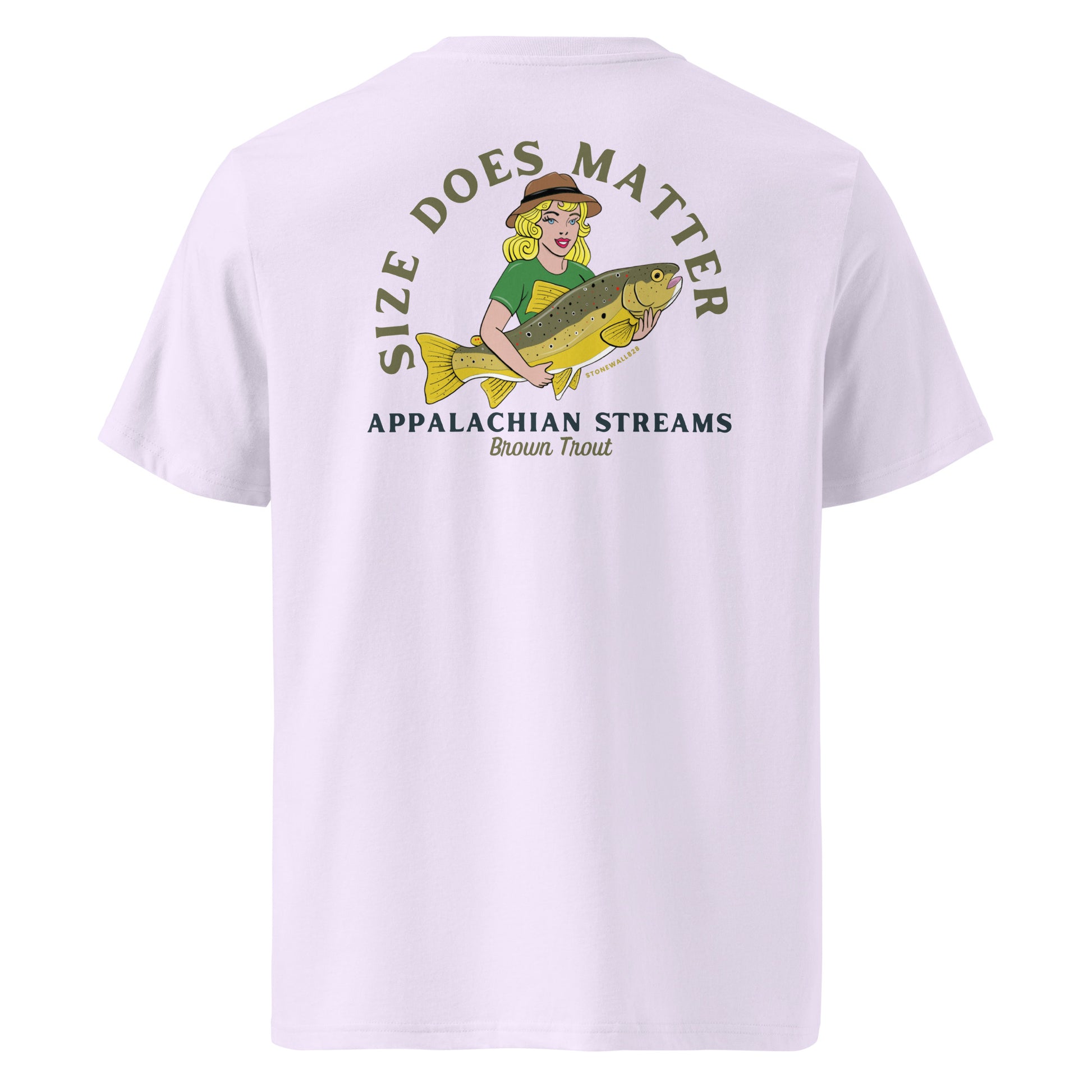 Product mockup. The front features a clean look with our signature Stonewall828 logo placed over the chest. Flip it around, and the back showcases a striking, vintage-style blonde pin-up girl proudly holding a massive, beautifully detailed brown trout. Framed by the bold text "Size Does Matter," "Brown Trout," and "Appalachian Streams," it's a tongue-in-cheek nod to the anglers who refuse to settle for the small ones.