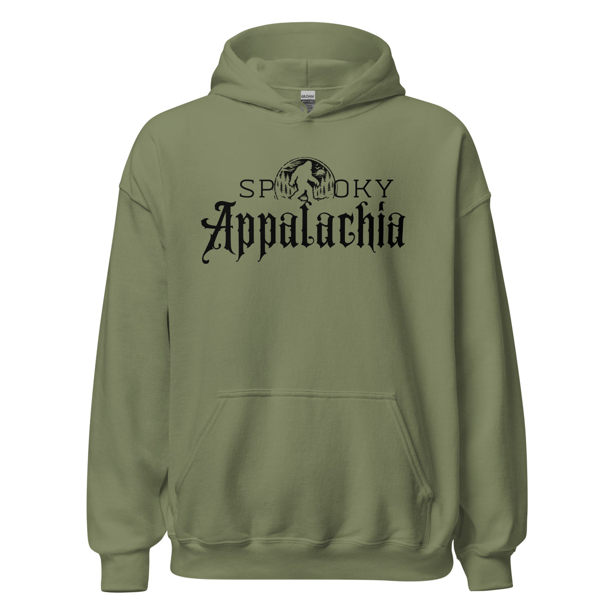 An olive green pullover hoodie with a black graphic print on the chest reading 'SMOKY Appalachia' with a skull and crossbones motif, displayed against a solid white background.