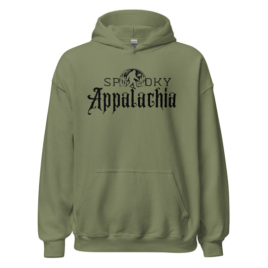 An olive green pullover hoodie with a black graphic print on the chest reading 'SMOKY Appalachia' with a skull and crossbones motif, displayed against a solid white background.