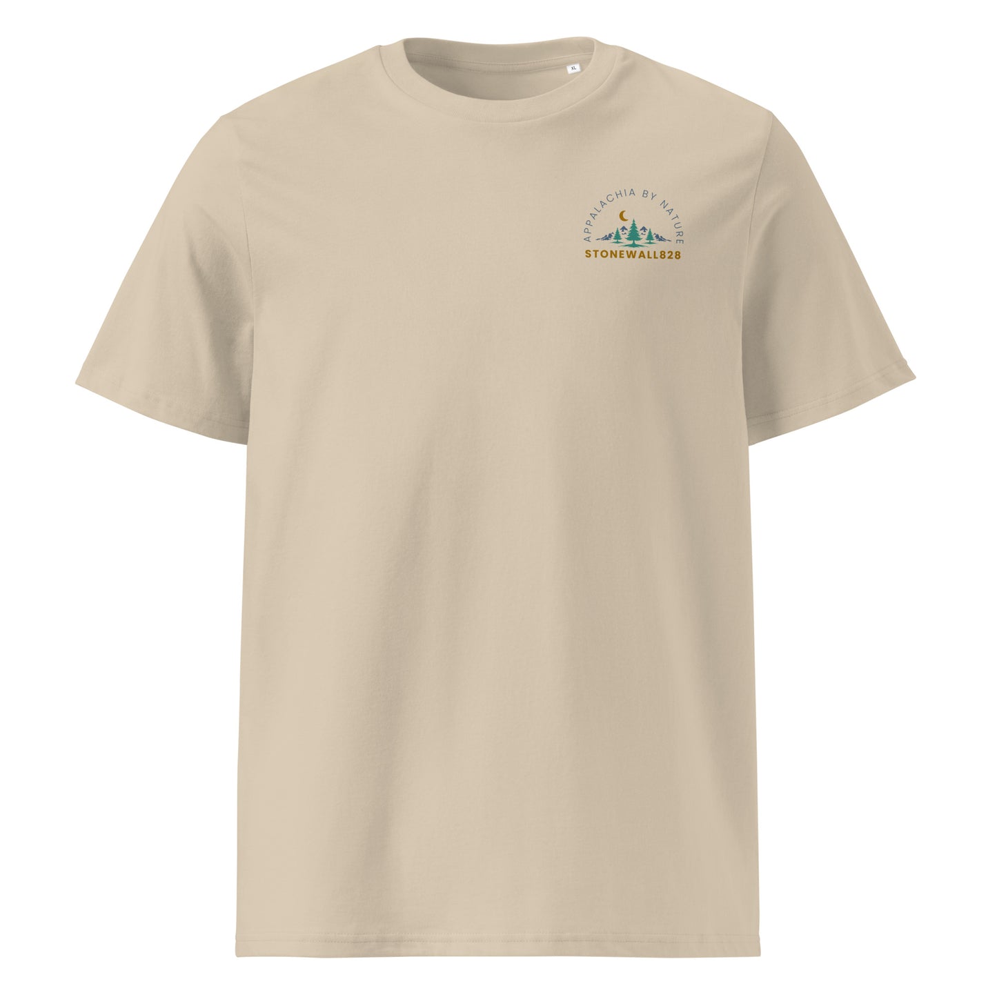 Product mockup. Stonewall828 logo mountains and pine trees and moon