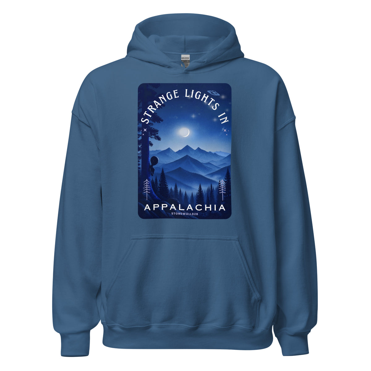 A blue pullover hoodie with a large rectangular graphic print on the chest depicting a mountain night scene with a moon and the text 'STRANGE LIGHTS IN APPALACHIA SPRINGFIELD'.