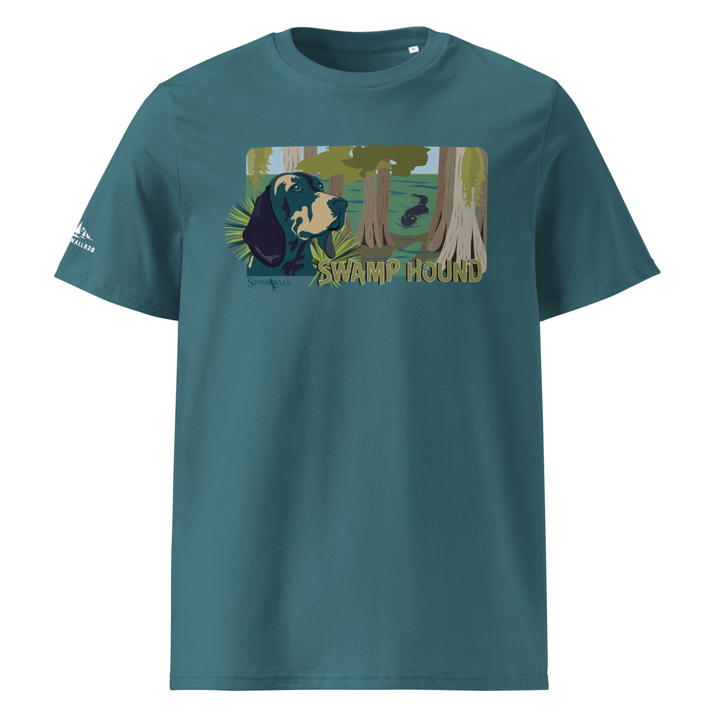 Product mockup, Featuring a focused hound framed by a dense swamp backdrop, the design hides a thrilling detail—a stealthy alligator quietly cruising through the murky water in the background. It's a nod to the rugged hounds and handlers who navigate the cypress knees, the dark water, and the wild predators of the deep south.