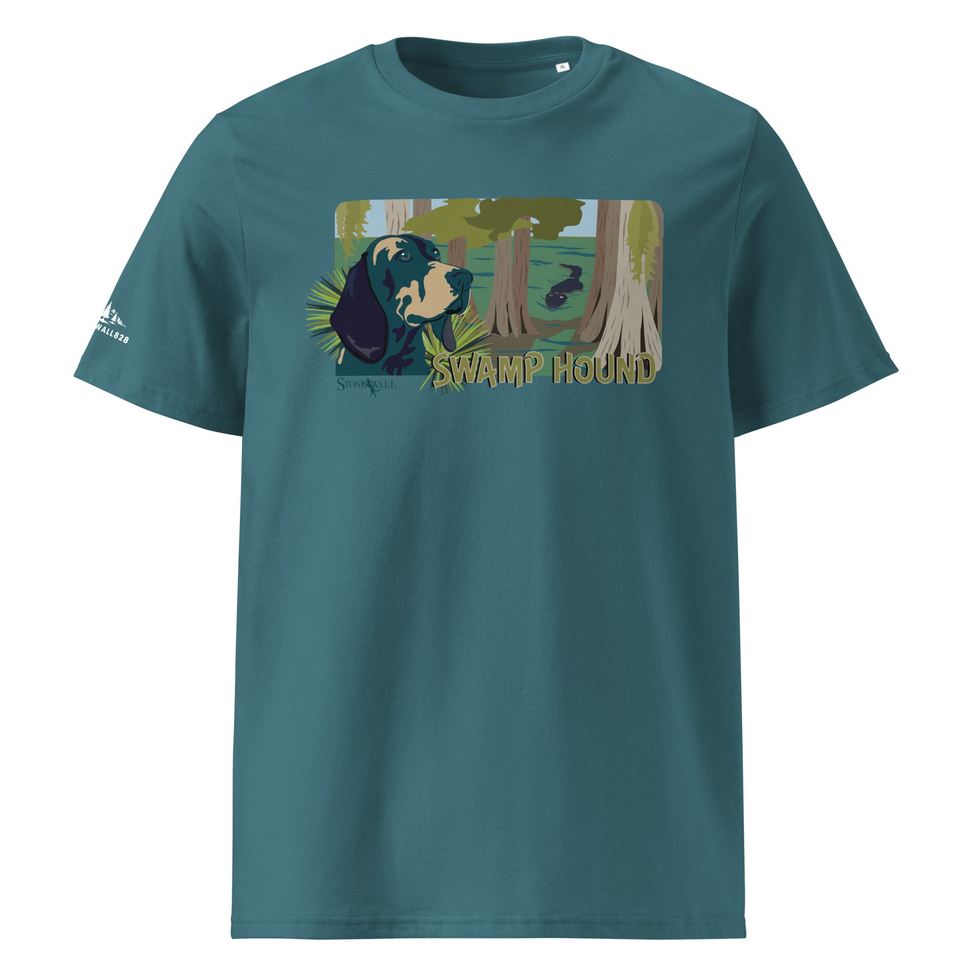 Product mockup, Featuring a focused hound framed by a dense swamp backdrop, the design hides a thrilling detail—a stealthy alligator quietly cruising through the murky water in the background. It's a nod to the rugged hounds and handlers who navigate the cypress knees, the dark water, and the wild predators of the deep south.