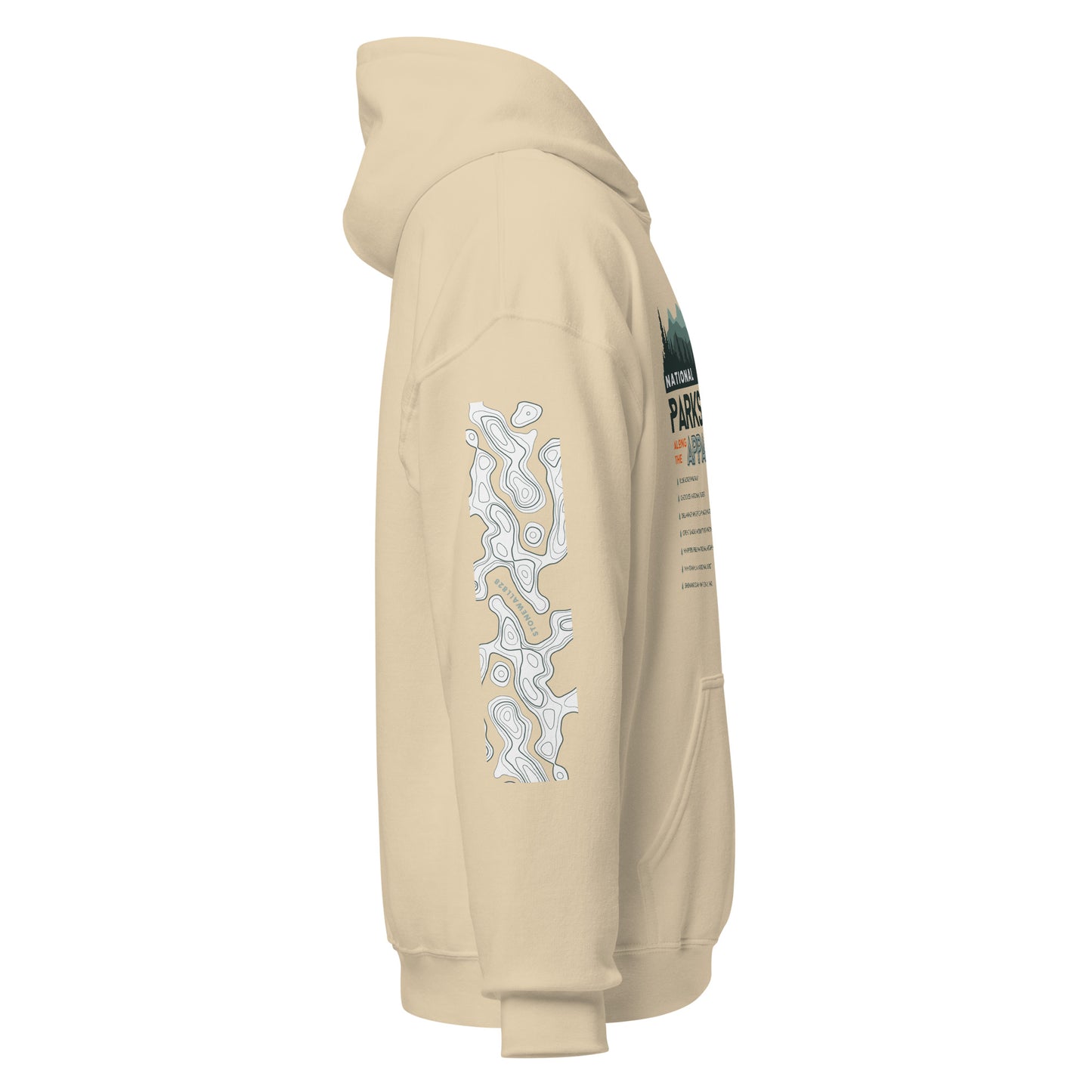 Product mockup, Featuring a topographic map and Stonewall828 logo on the right sleeve, the front showcases a breathtaking landscape of rolling mountain ridges and towering pines. Layered into the design is a tribute to the legendary National Parks &amp; Forests the trail journeys through, framed by the proud text "Appalachian Trail" and "National Parks &amp; Forests."