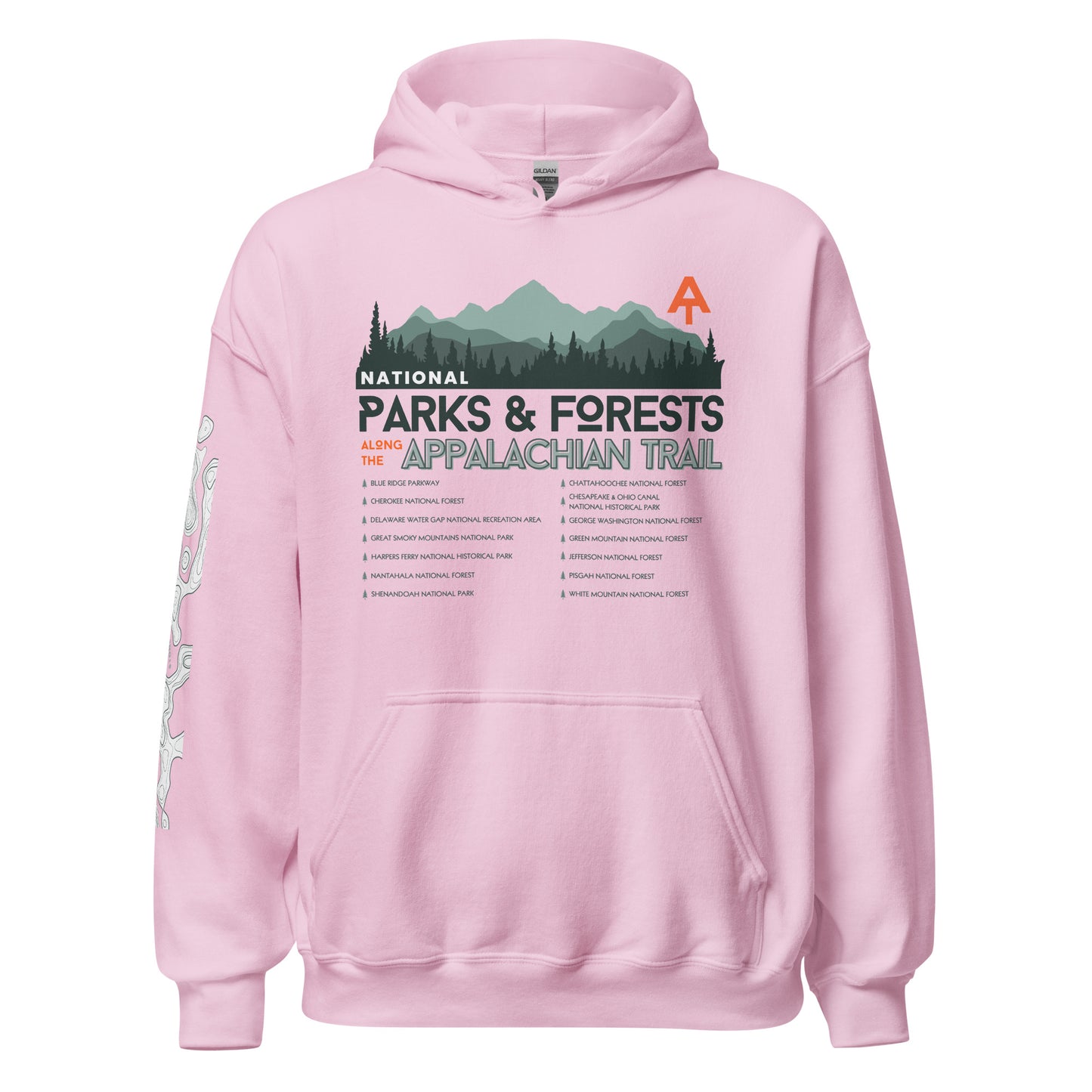 Product mockup, Featuring a topographic map and Stonewall828 logo on the right sleeve, the front showcases a breathtaking landscape of rolling mountain ridges and towering pines. Layered into the design is a tribute to the legendary National Parks &amp; Forests the trail journeys through, framed by the proud text "Appalachian Trail" and "National Parks &amp; Forests."
