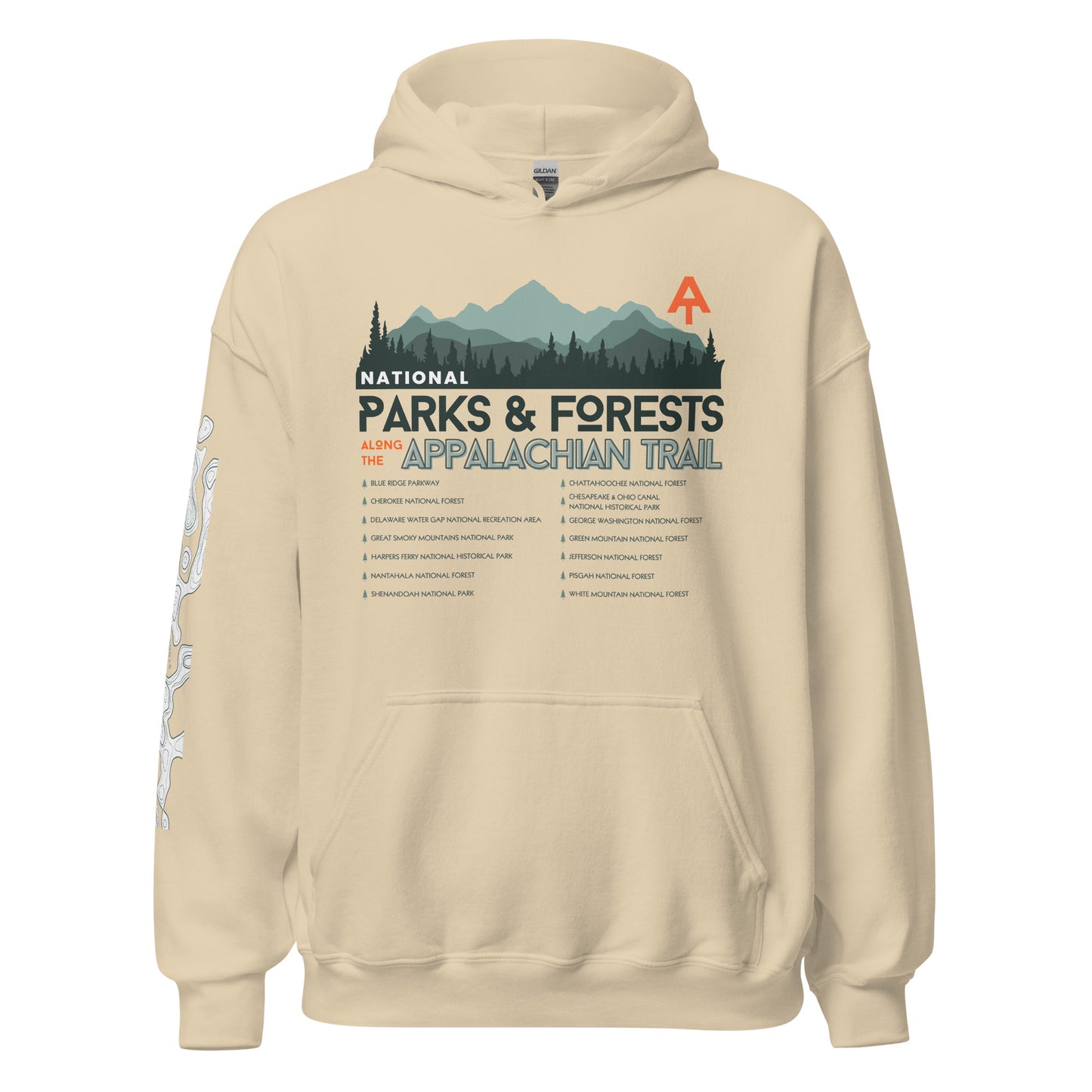 Product mockup, Featuring a topographic map and Stonewall828 logo on the right sleeve, the front showcases a breathtaking landscape of rolling mountain ridges and towering pines. Layered into the design is a tribute to the legendary National Parks &amp; Forests the trail journeys through, framed by the proud text "Appalachian Trail" and "National Parks &amp; Forests."