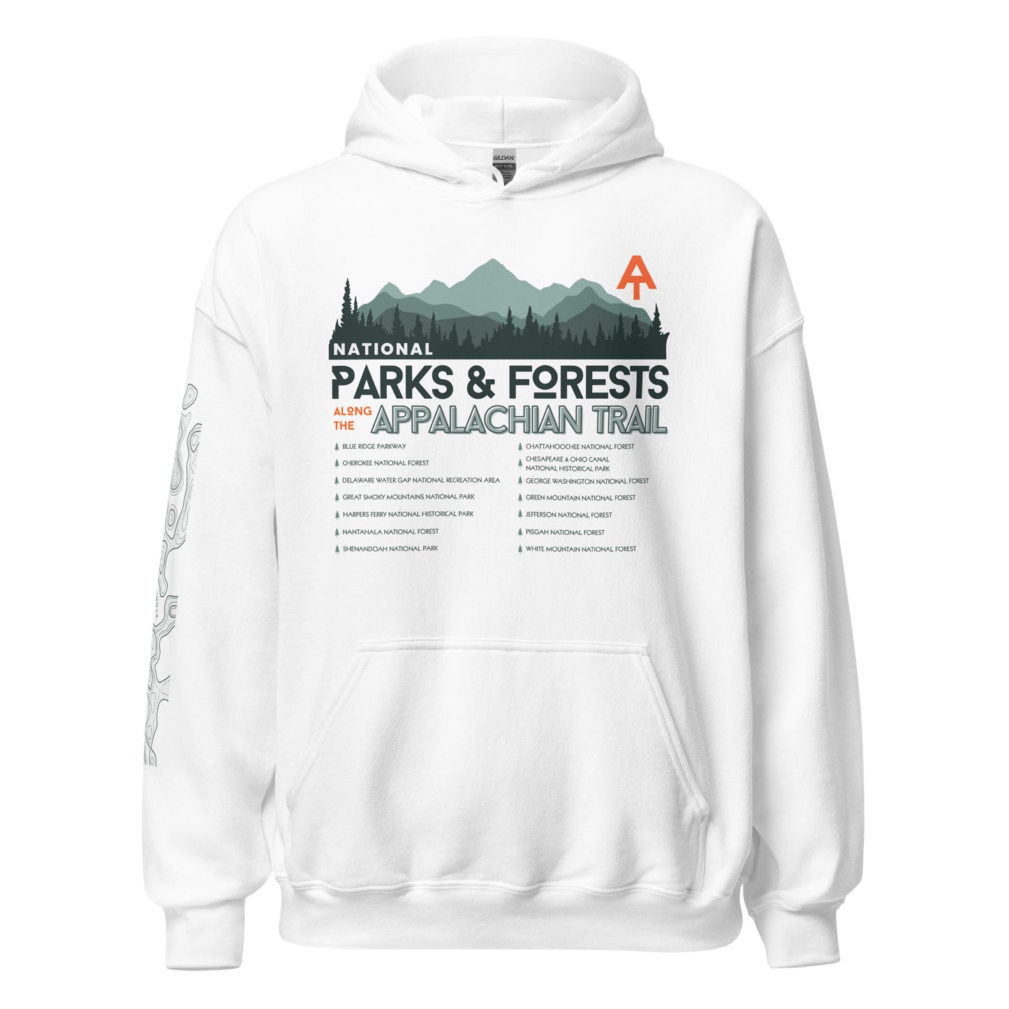 Product mockup, Featuring a topographic map and Stonewall828 logo on the right sleeve, the front showcases a breathtaking landscape of rolling mountain ridges and towering pines. Layered into the design is a tribute to the legendary National Parks &amp; Forests the trail journeys through, framed by the proud text "Appalachian Trail" and "National Parks &amp; Forests."