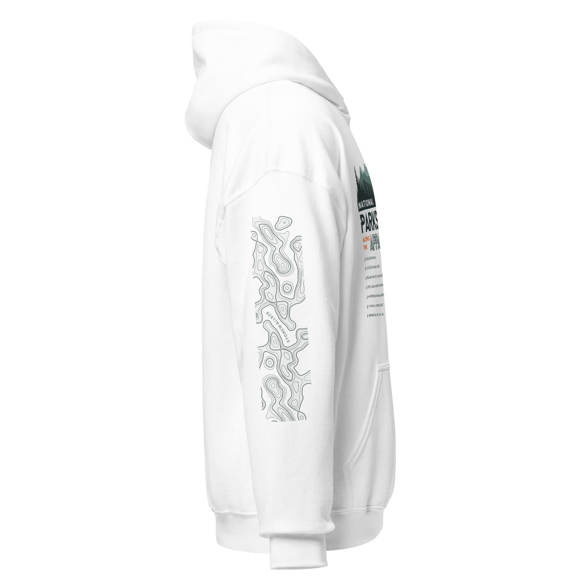 Product mockup, Featuring a topographic map and Stonewall828 logo on the right sleeve, the front showcases a breathtaking landscape of rolling mountain ridges and towering pines. Layered into the design is a tribute to the legendary National Parks &amp; Forests the trail journeys through, framed by the proud text "Appalachian Trail" and "National Parks &amp; Forests."