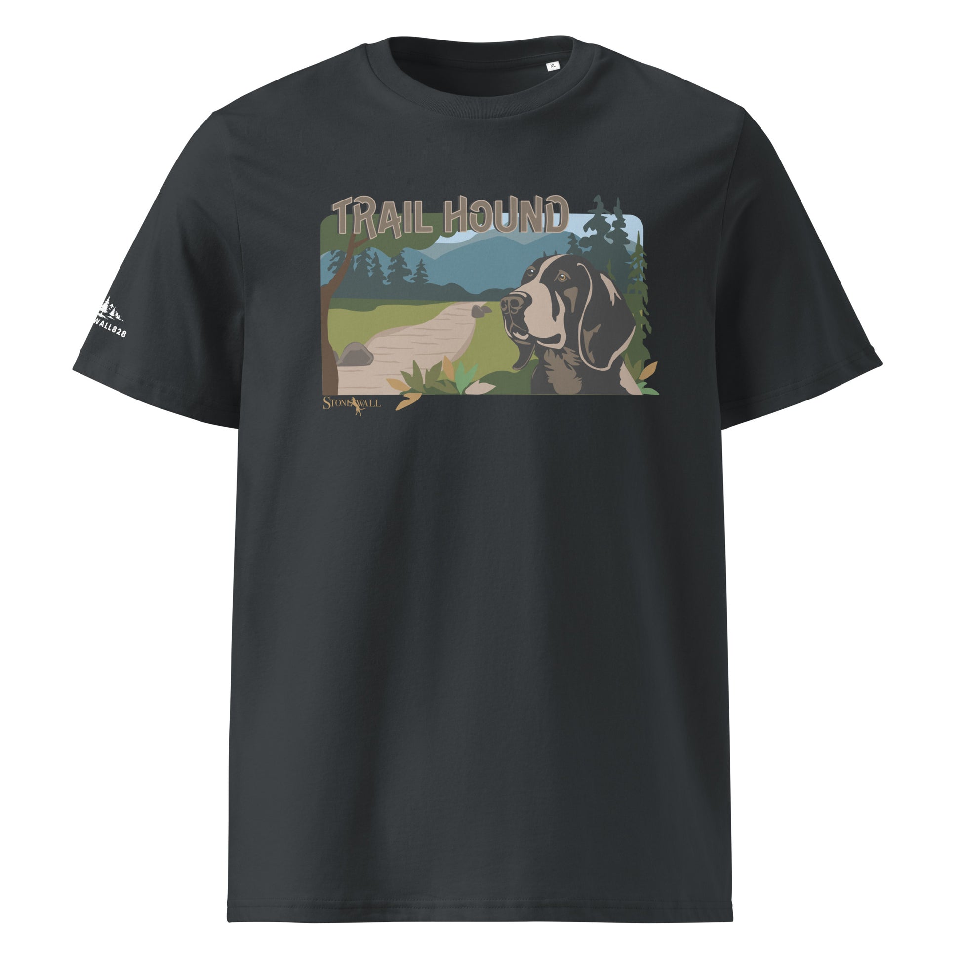 Product mockup, Featuring a proud hound framed by a winding mountain trail, towering pines, and the endless rolling blue ridges in the background, this design captures the pure freedom of a day spent in the backcountry.