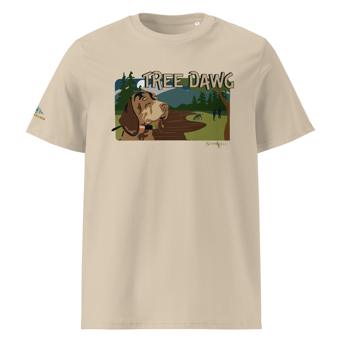 Product mockup, Featuring a hard-working hound outfitted with a tracking collar, the design is framed by dense mountain timber and rolling Appalachian ridges. In the background, the silhouettes of two hunters approach the tree, closing out a successful mountain chase.