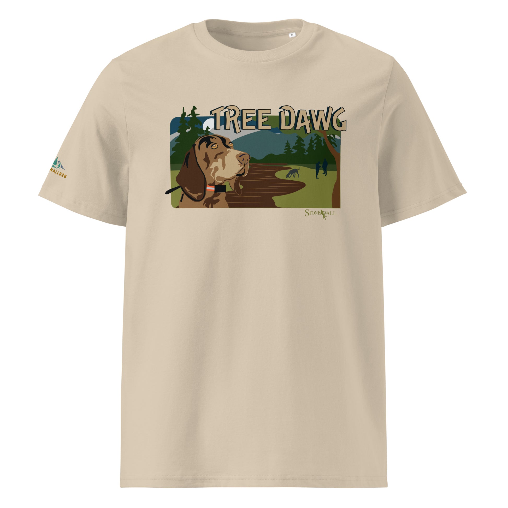 Product mockup, Featuring a hard-working hound outfitted with a tracking collar, the design is framed by dense mountain timber and rolling Appalachian ridges. In the background, the silhouettes of two hunters approach the tree, closing out a successful mountain chase.