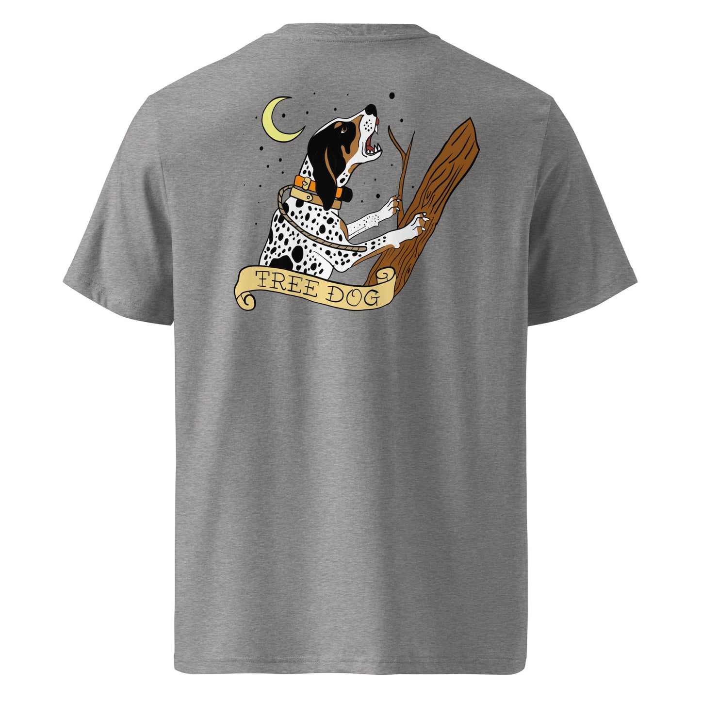 Tree Dog Tee is a badge of honor for anyone who knows the midnight music of a hound on the trail. Featuring a bluetick coonhound on the back