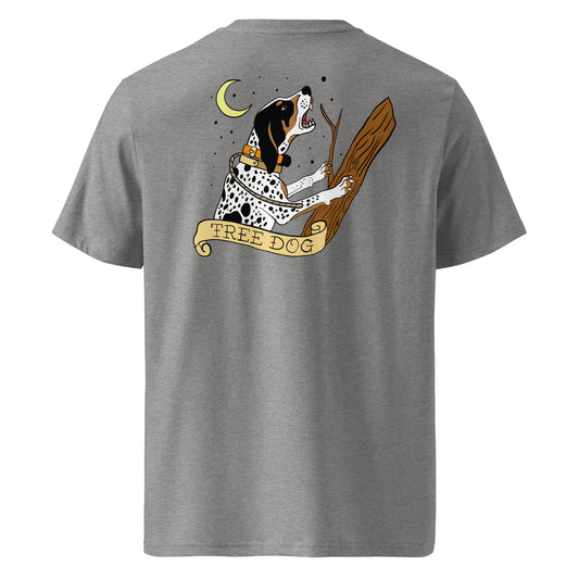 Tree Dog Tee is a badge of honor for anyone who knows the midnight music of a hound on the trail. Featuring a bluetick coonhound on the back