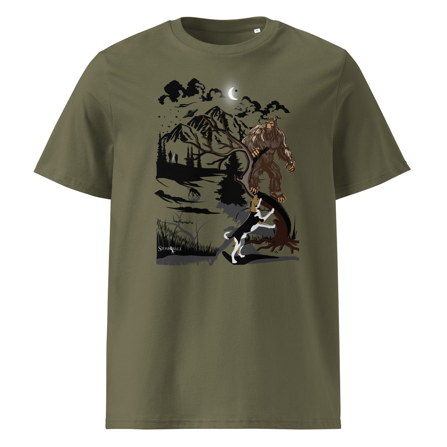 Product mockup. The design drops you deep into the midnight timber, where a hard-working Treeing Walker Coonhound has officially done the impossible—treed Bigfoot himself up a massive pine. In the background, a second hound is hot on the trail, while two hunters navigate the thick forest and rolling mountain ridges, following the baying of their pack. It’s a hilarious, beautifully detailed tribute to the mysteries hidden in the ridges of Appalachia.