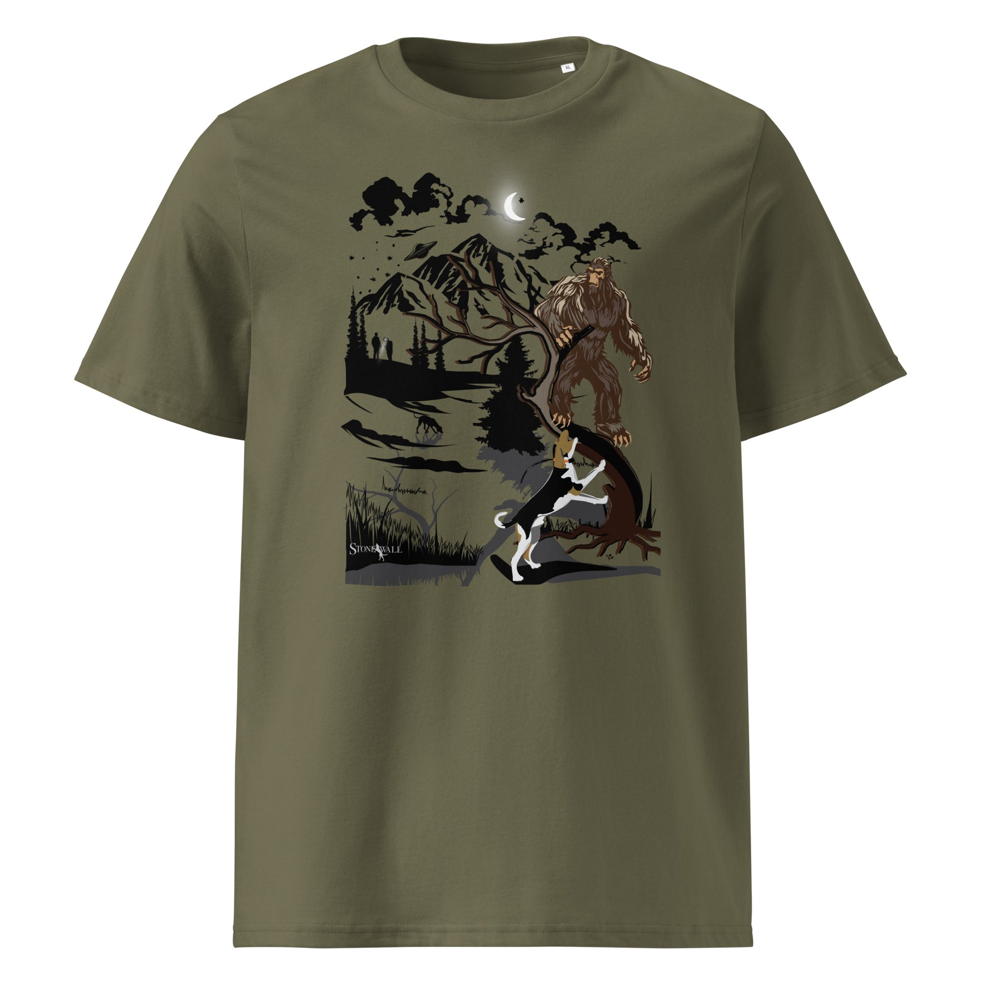 Product mockup. The design drops you deep into the midnight timber, where a hard-working Treeing Walker Coonhound has officially done the impossible—treed Bigfoot himself up a massive pine. In the background, a second hound is hot on the trail, while two hunters navigate the thick forest and rolling mountain ridges, following the baying of their pack. It’s a hilarious, beautifully detailed tribute to the mysteries hidden in the ridges of Appalachia.