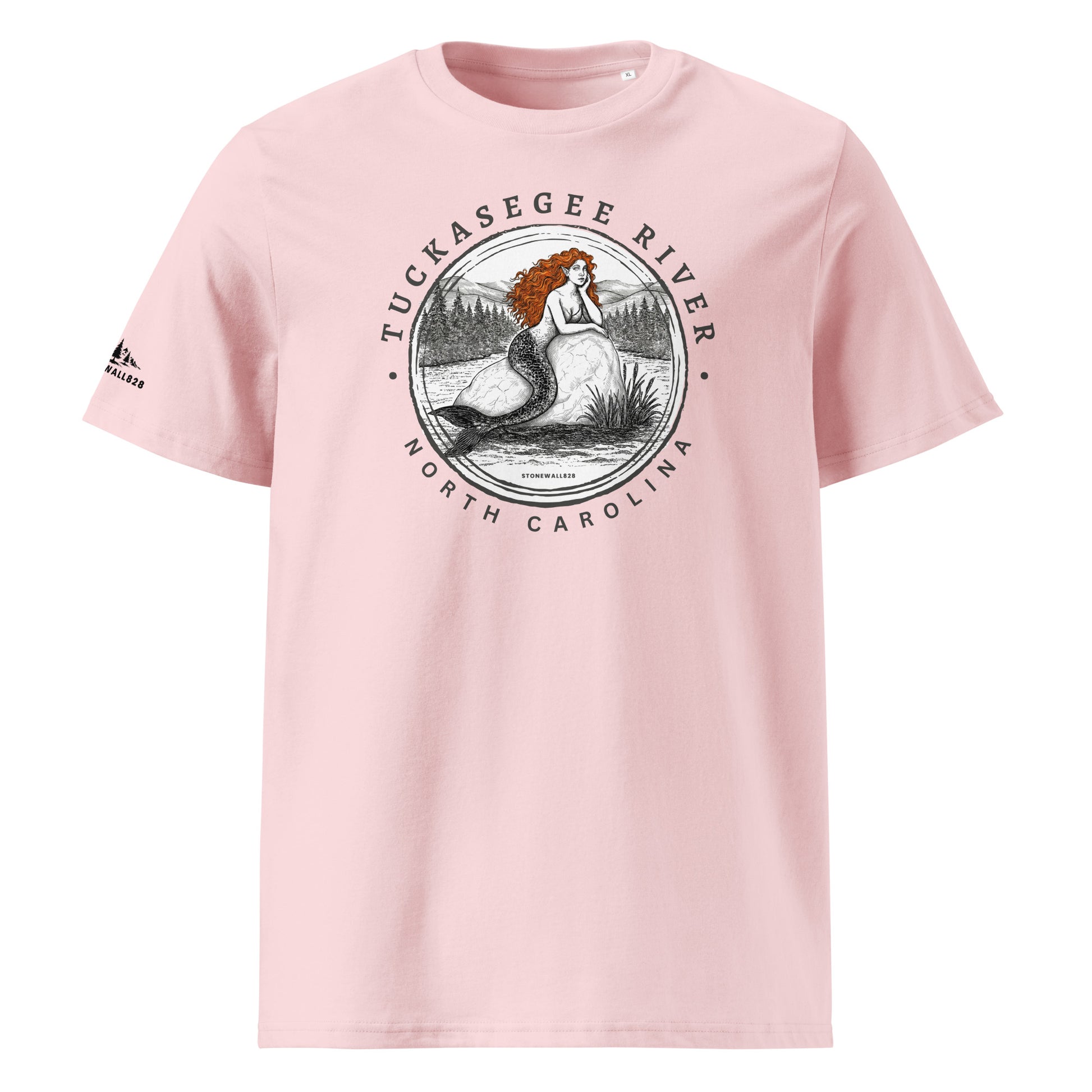 Product mockup, Featuring a mermaid perched on a rock in the heart of the Tuckasegee River, surrounded by mountains and trees, this heritage graphic tee brings a touch of magic to one of Western North Carolina's most beloved waterways. 