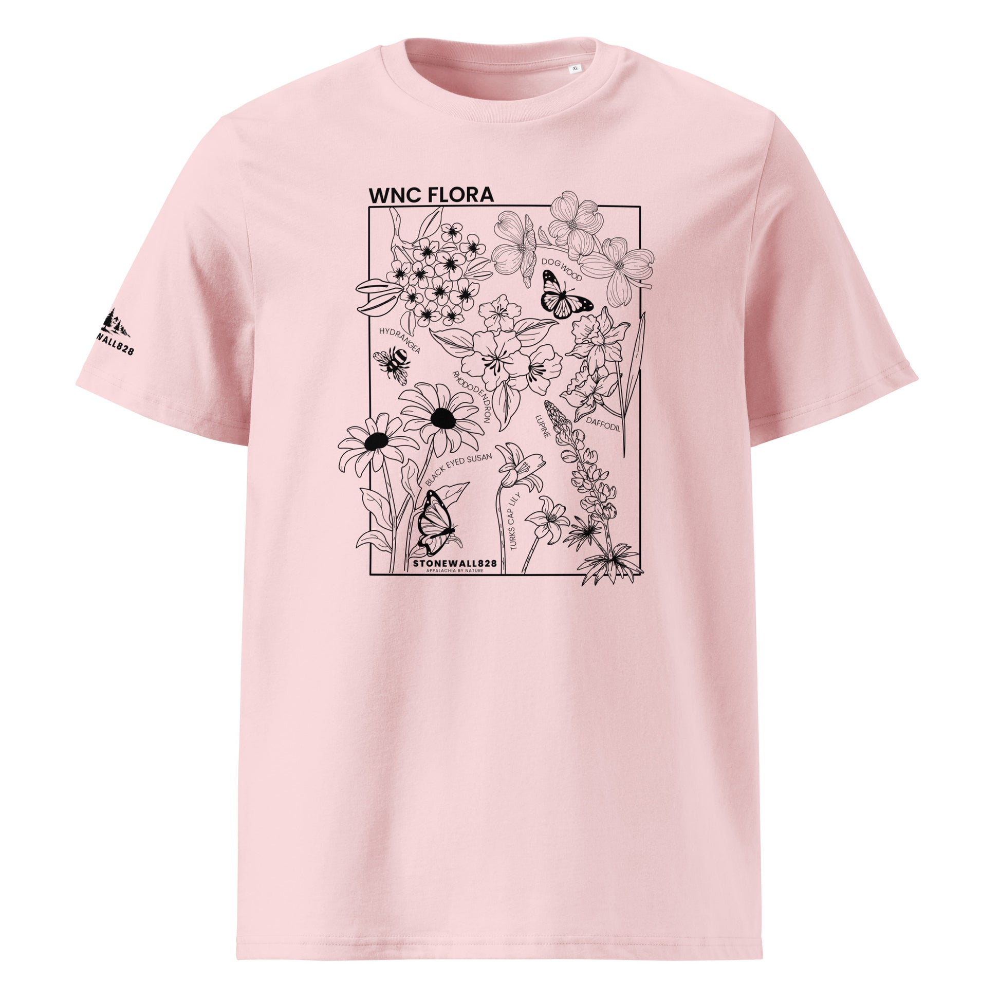 Product mockup. Inspired by the native wildflowers of Western North Carolina, this heritage graphic tee captures the quiet beauty of the Appalachian Mountains — from blooming trailsides to sun-lit forest clearings. 