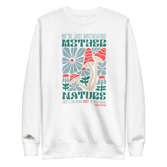 The Mother Nature Sweatshirt captures the vibrant, living heart of our home with a bold front design featuring native Appalachian wildflowers, fauna, and wild mushrooms alongside Dolly Parton’s classic reminder: “We're just mistreating mother nature, that's like being ugly to your momma.” Finished with our logo on the sleeve