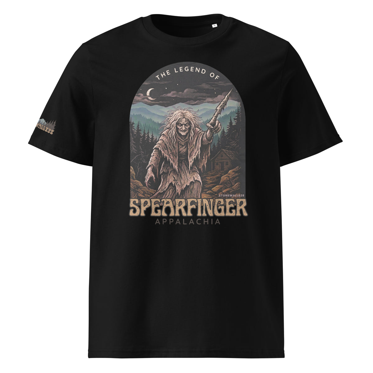 A black short-sleeve crewneck t-shirt featuring a large graphic print on the front. The graphic depicts a woman with a spear shaped finger in a forest at night under a crescent moon, with the text 'THE LEGEND OF SPEARFINGER APPALACHIA' printed below.