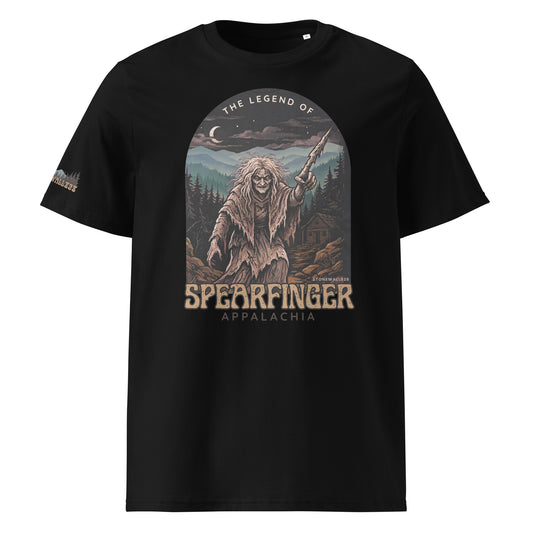 A black short-sleeve crewneck t-shirt featuring a large graphic print on the front. The graphic depicts a woman with a spear shaped finger in a forest at night under a crescent moon, with the text 'THE LEGEND OF SPEARFINGER APPALACHIA' printed below.