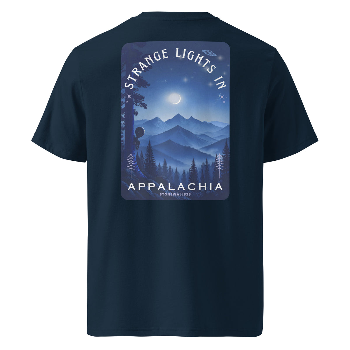 A navy blue short-sleeve t-shirt shown from the back, featuring a large rectangular graphic print on the back. The graphic depicts a night sky with a crescent moon over blue mountain peaks and pine trees, with the text 'STRANGE LIGHTS IN APPALACHIA' and 'STONEMALBEN' printed on it.
