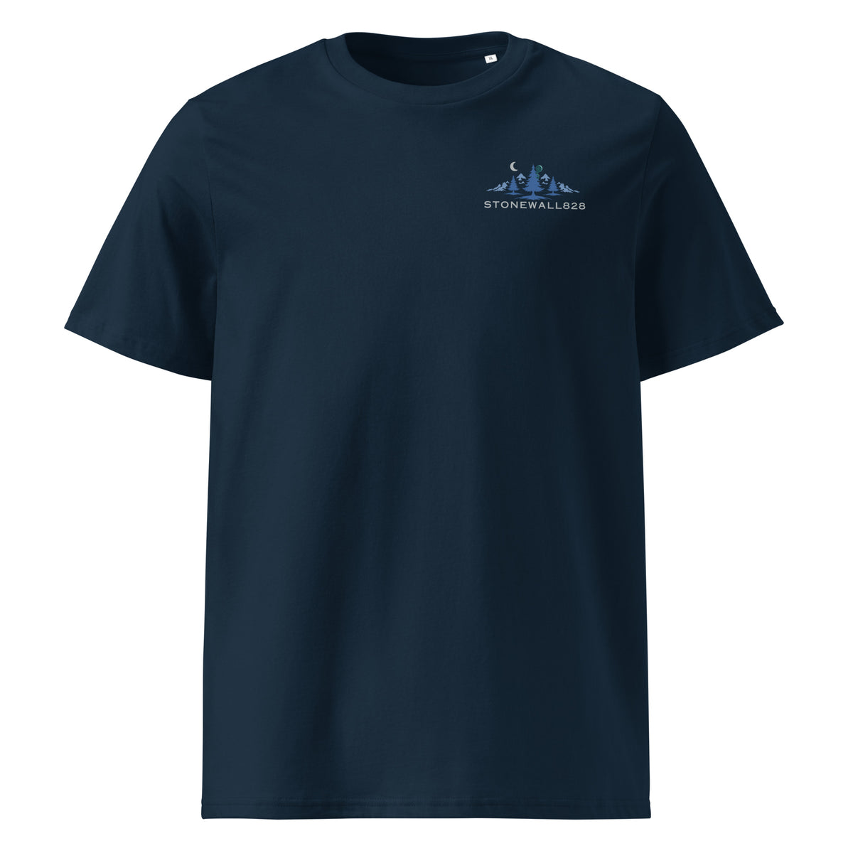 A dark navy blue short-sleeve crewneck t-shirt with a small white and blue graphic on the left chest featuring a mountain silhouette and the text 'STONEWALL828'.