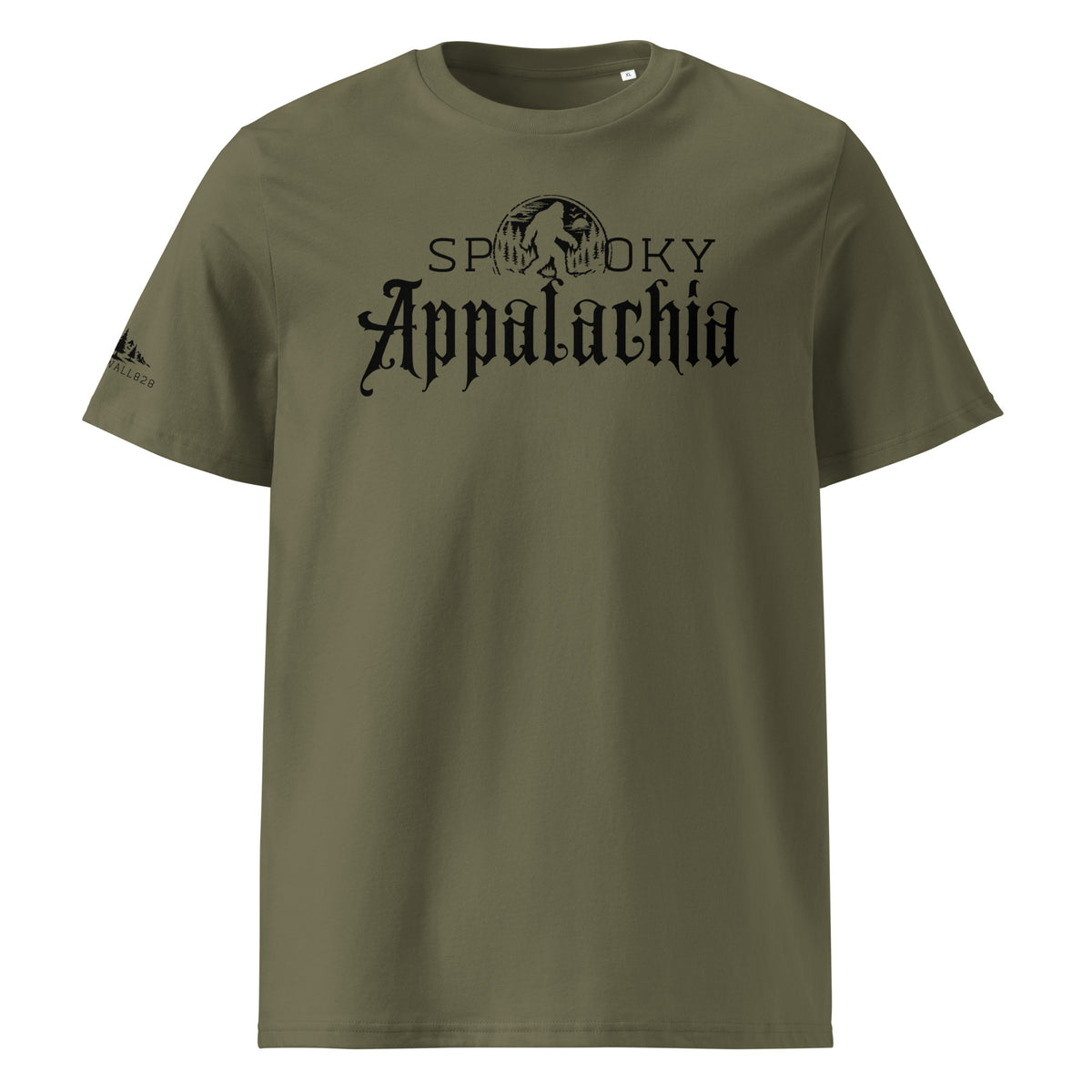 An olive green short-sleeve t-shirt with a black graphic print on the chest reading 'SPOKY Appalachia' with a wolf silhouette, shown against a plain white background.