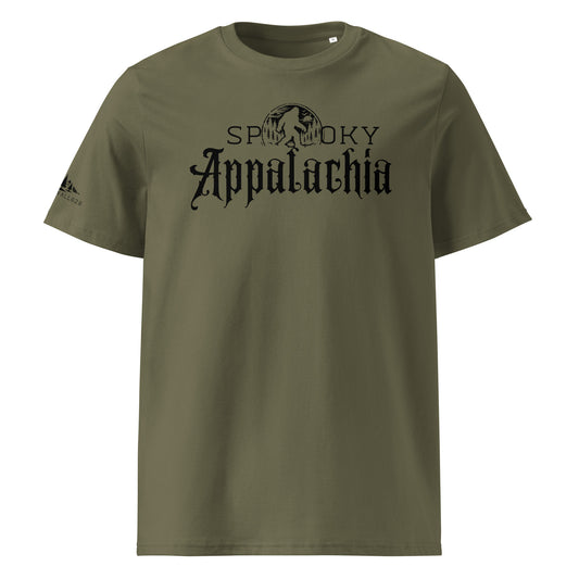 An olive green short-sleeve t-shirt with a black graphic print on the chest reading 'SPOKY Appalachia' with a wolf silhouette, shown against a plain white background.