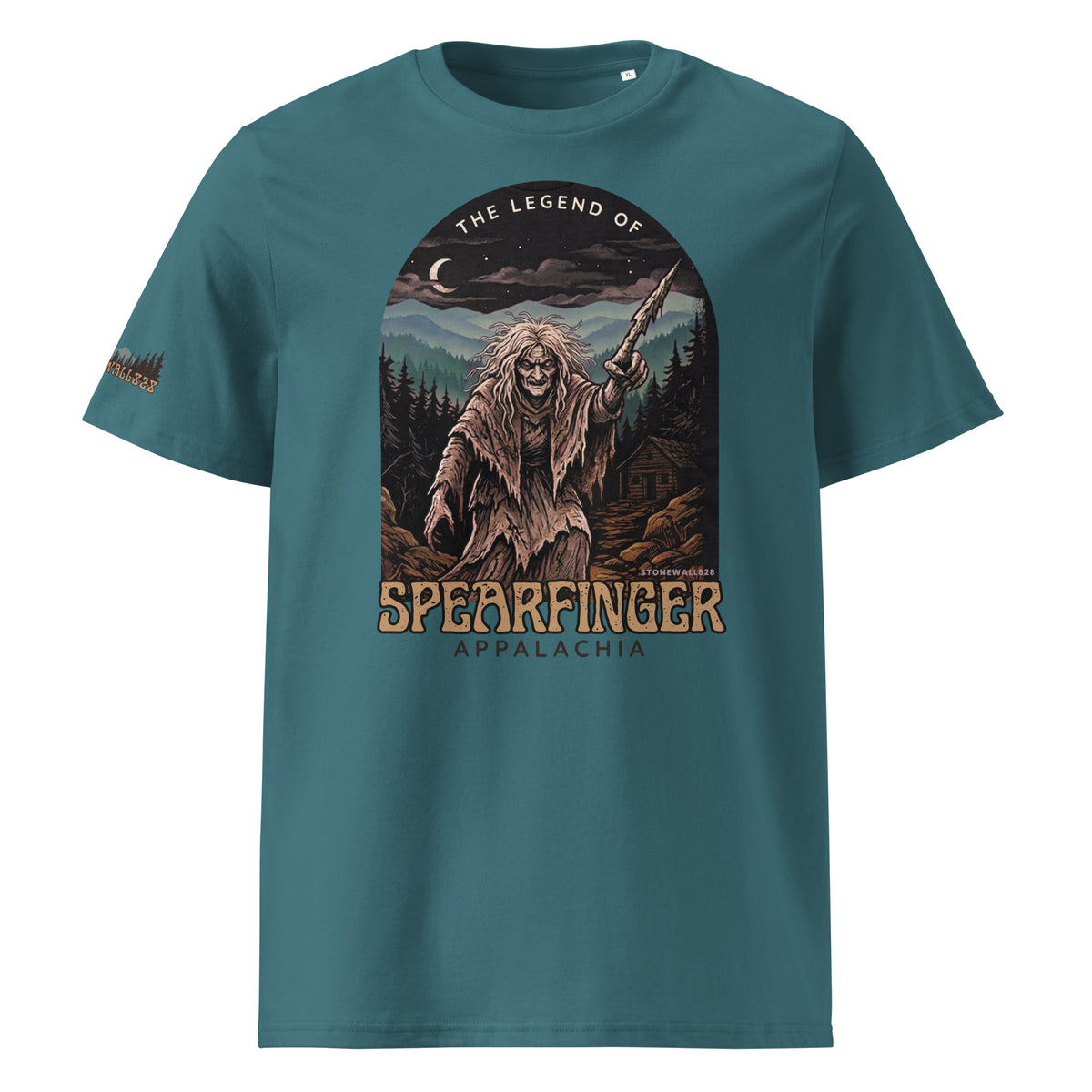 A teal blue short-sleeve t-shirt with a large graphic print on the front depicting an old woman figure in a forest at night, with the text 'THE LEGEND OF SPEARFINGER APPALACHIA'. A small graphic is also visible on the left sleeve.