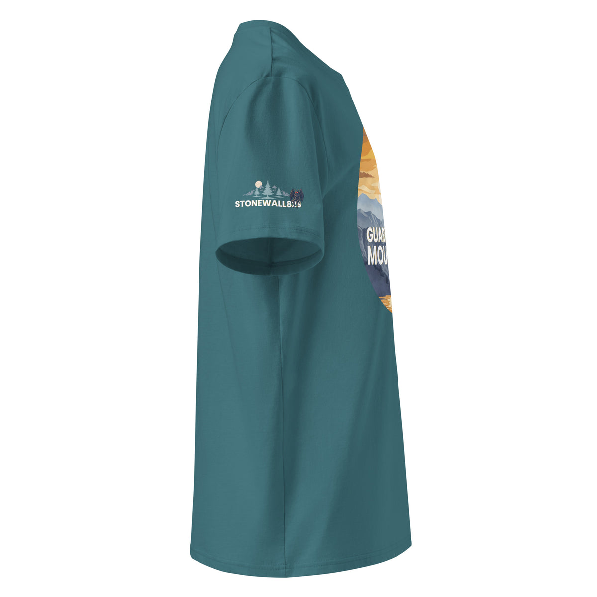 A teal short-sleeve t-shirt shown from a side profile view against a solid white background. The shirt features a white 'STONEWALL828" logo on the left sleeve and a large scenic graphic on the right side depicting mountains and the text 'Guardian of the MOUNTAINs'.