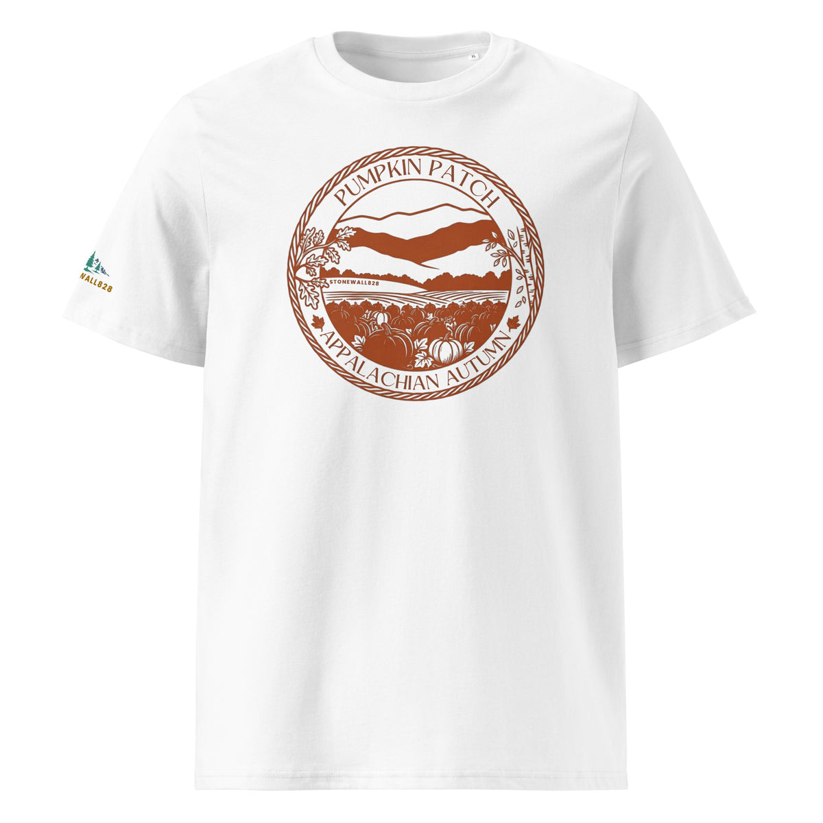 A white short-sleeve crewneck t-shirt featuring a circular brown graphic on the chest that reads 'PUMPKIN PATCH' and 'Appalachian Autumn', with a small green and gold logo on the left sleeve.