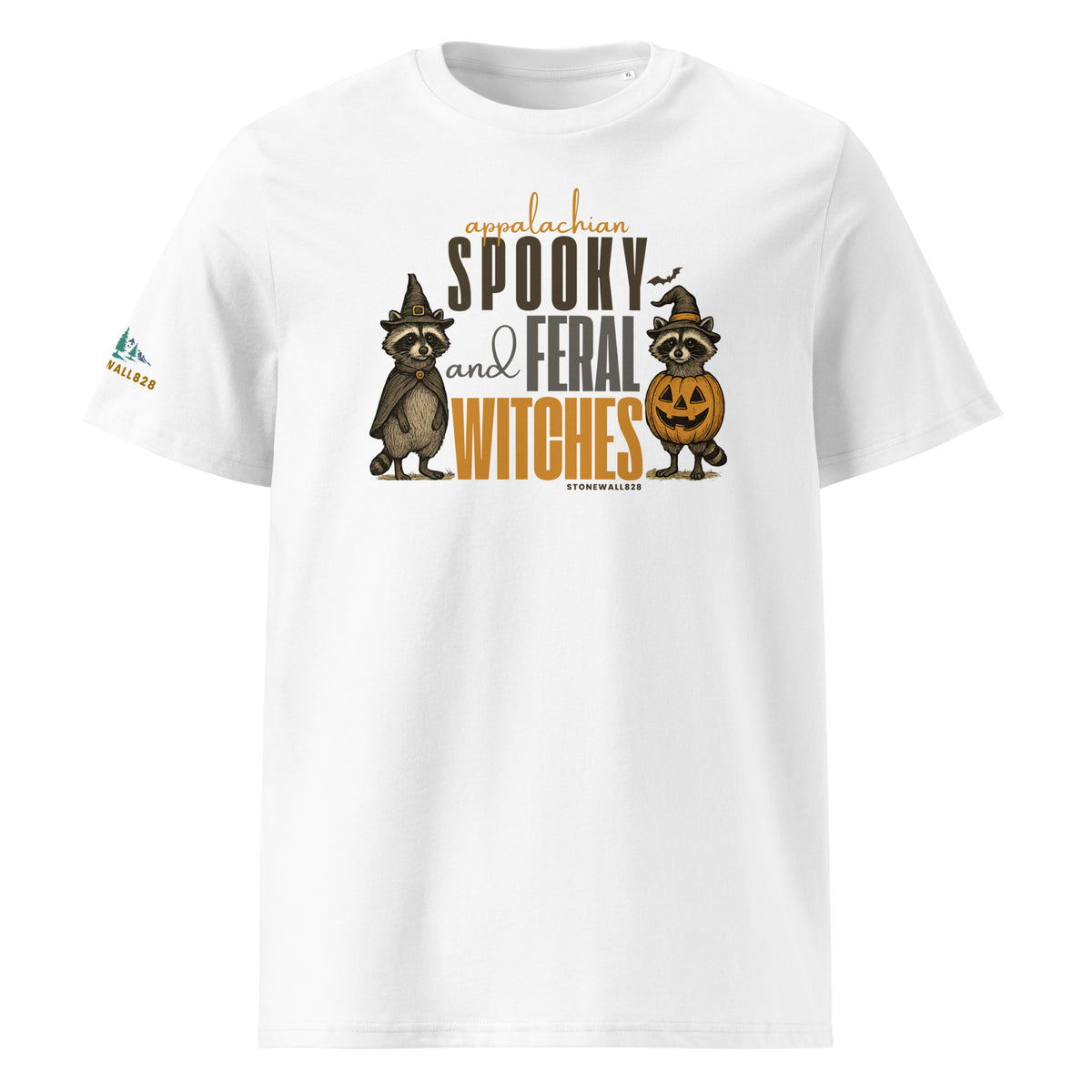 A white short-sleeve crewneck t-shirt featuring a Halloween graphic on the front with raccoon and cat illustrations wearing witch hats, alongside the text 'Appalachian Spooky and Feral Witches' and 'Stonewall828'. A small Stonewall828 logo is also visible on the left sleeve.