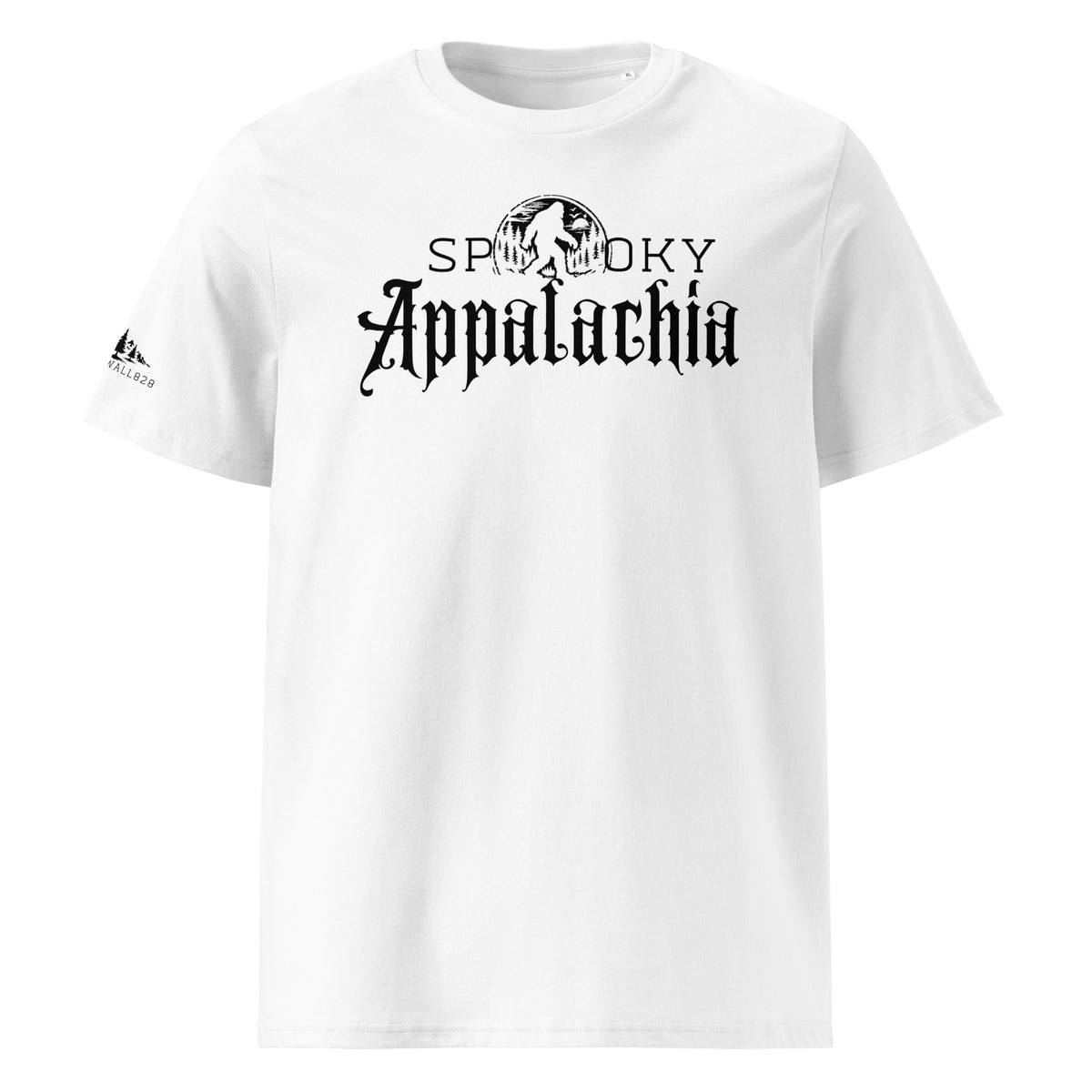 A white short-sleeve crewneck t-shirt featuring a black graphic print on the chest that reads 'SPY SMOKY APPALACHIA' with a wild horse emblem, and a small black Adidas logo on the left sleeve.